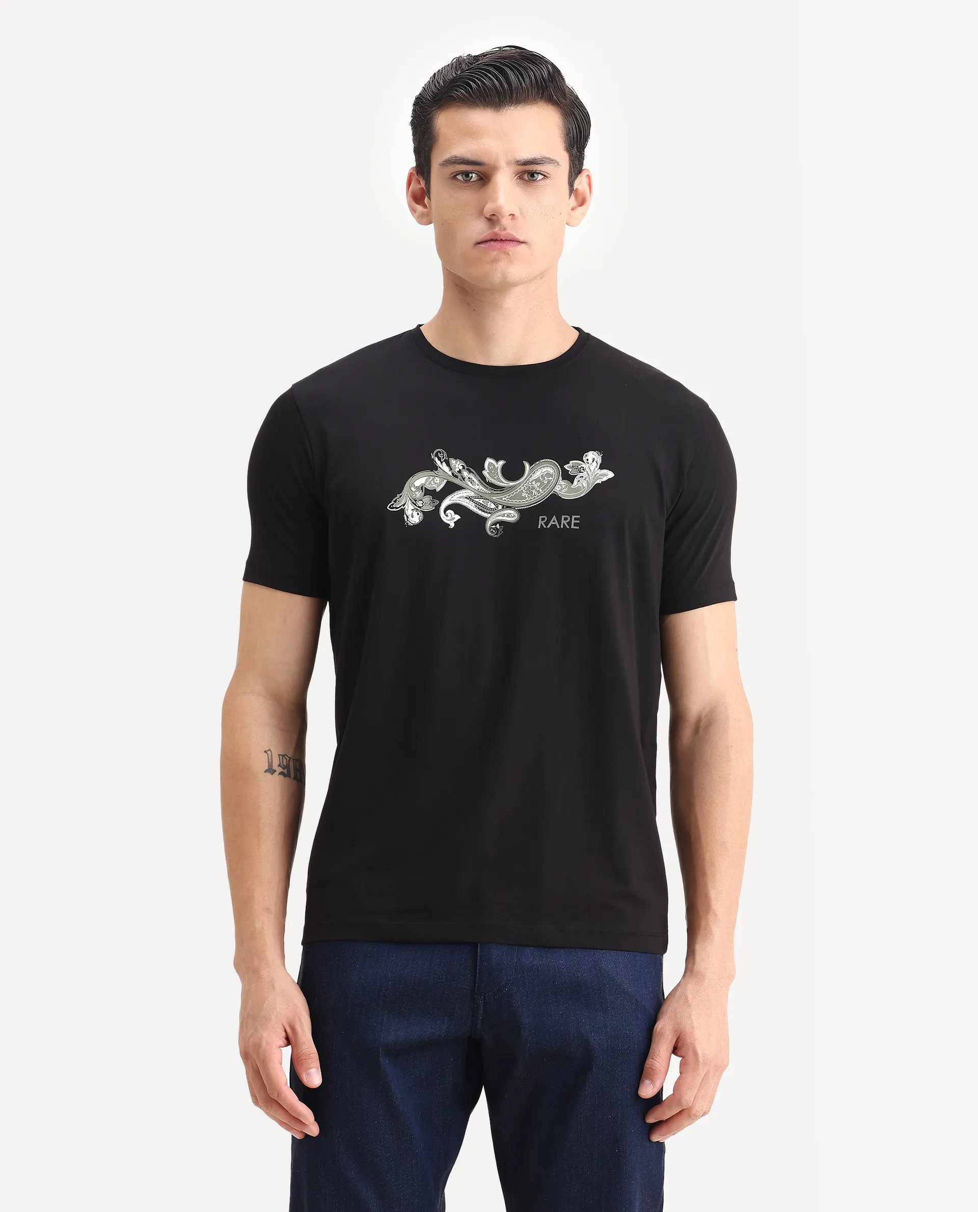 Rare Rabbit Men's Guild Casual Friter Black Cotton Blend Paisley Print Regular Fit Half Sleeve Crew Neck T-Shirt - Image 6