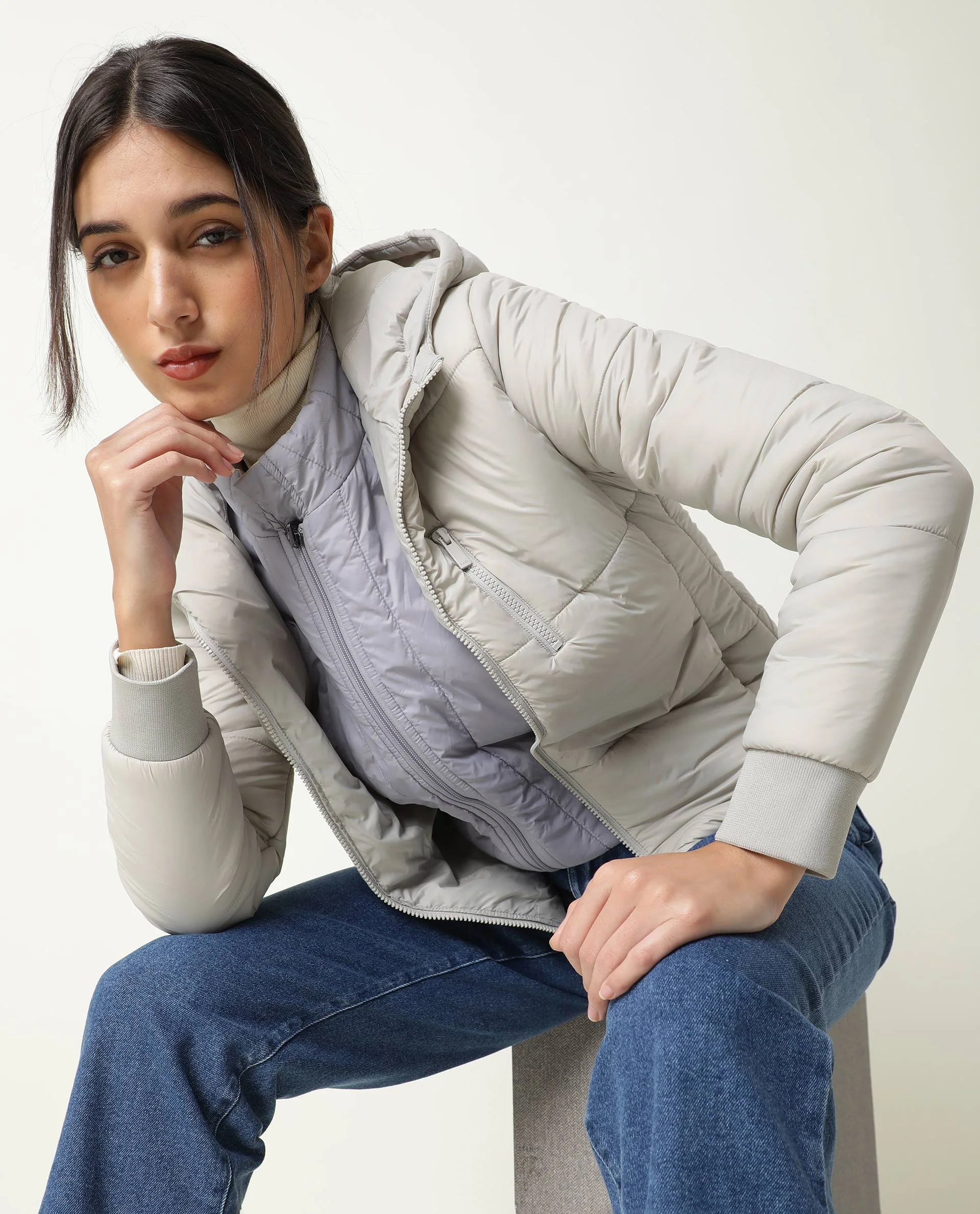 Rareism Women's Frith Beige Polyester Hooded Plain Regular Fit Jacket
