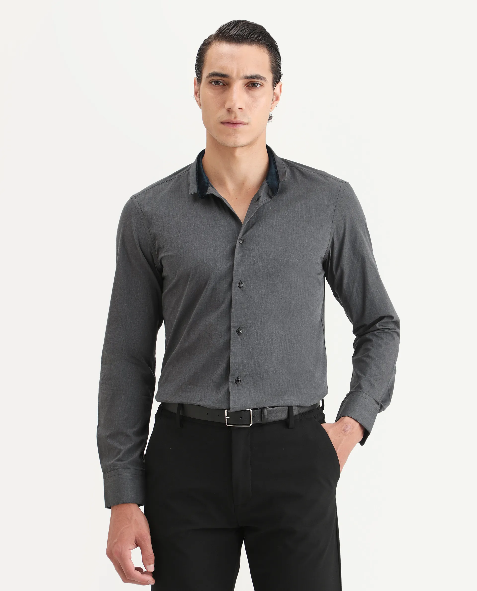 Rare Rabbit Men's Fritz Black Cotton Plain Regular Fit Full Sleeve Mandarin Collar Shirt