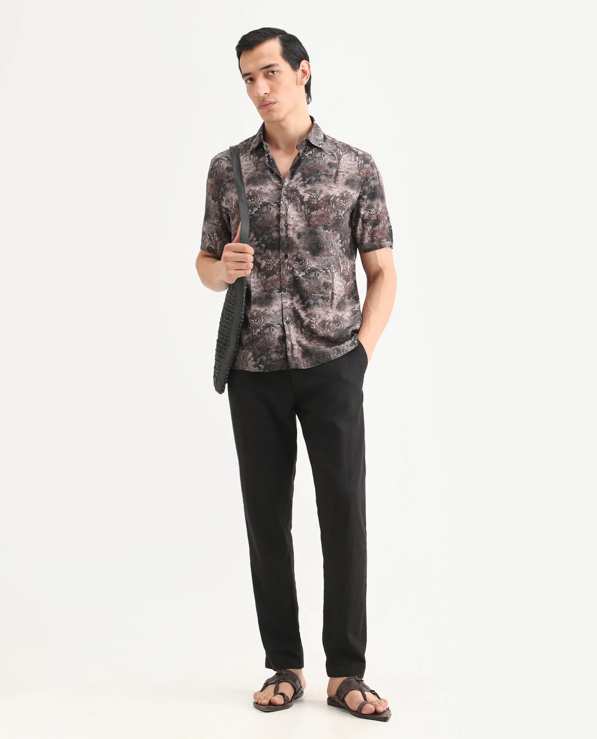 Rare Rabbit Men's Froe Light Brown Viscose Tropical Print Regular Fit Half Sleeve Collared Shirt - Image 2