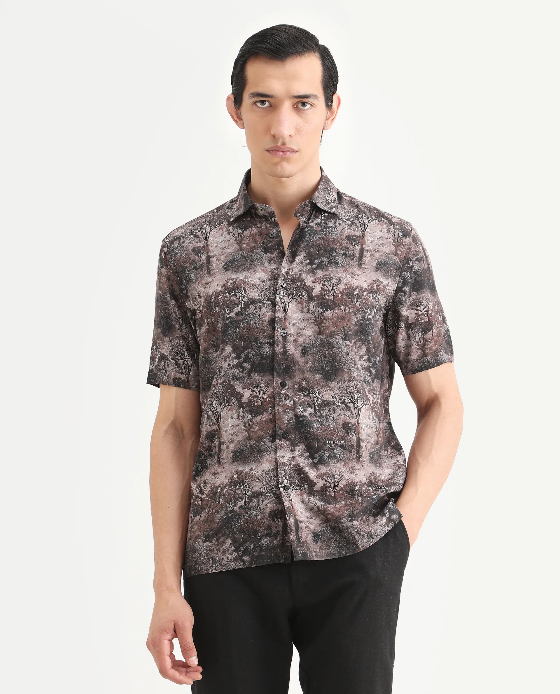 Rare Rabbit Men's Froe Light Brown Viscose Tropical Print Regular Fit Half Sleeve Collared Shirt - Image 3