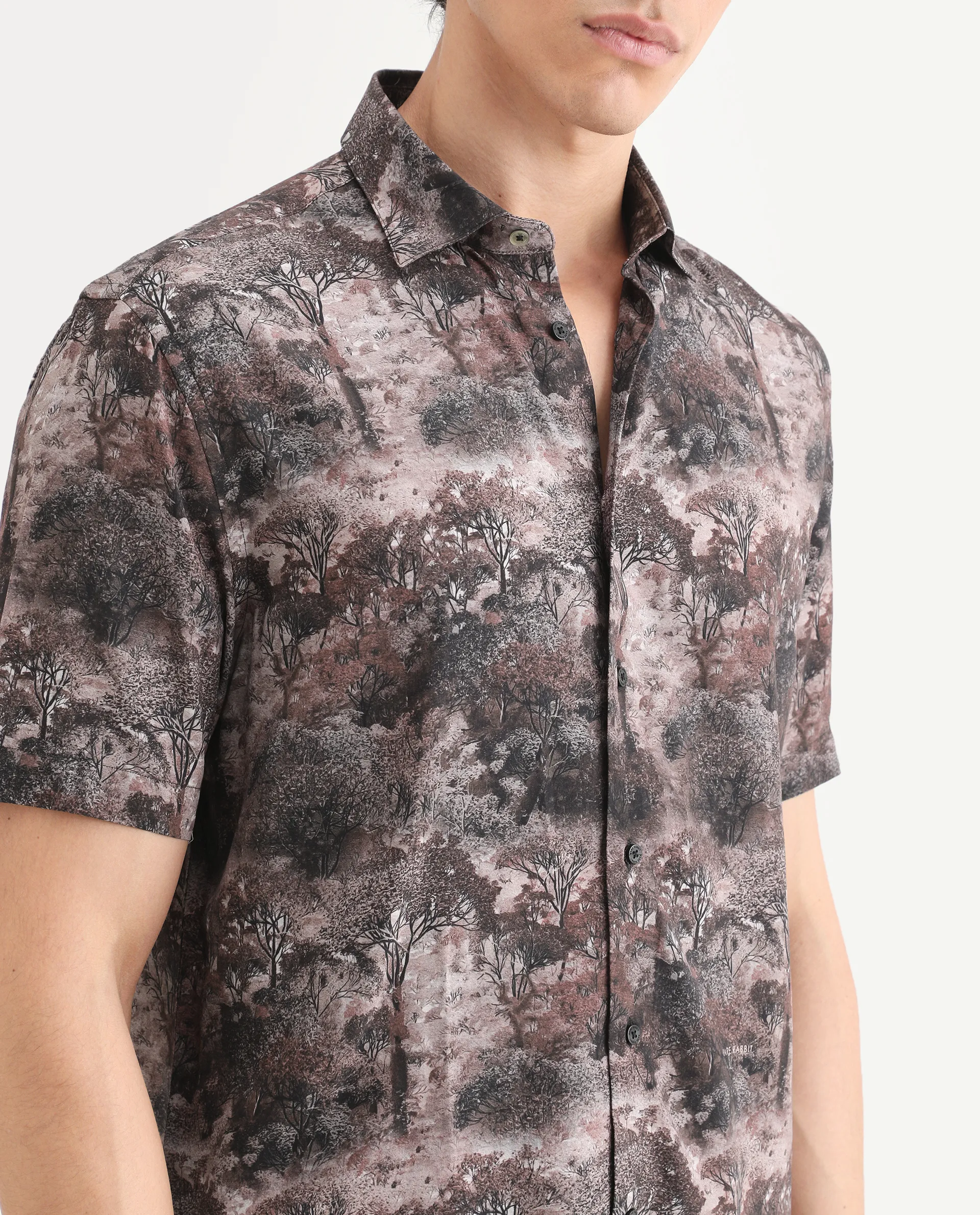 Rare Rabbit Men's Froe Light Brown Viscose Tropical Print Regular Fit Half Sleeve Collared Shirt - Image 4