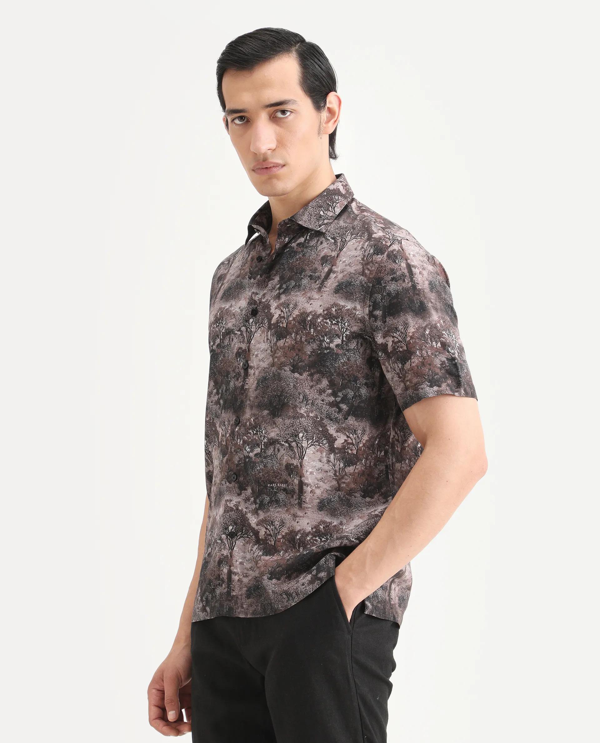 Rare Rabbit Men's Froe Light Brown Viscose Tropical Print Regular Fit Half Sleeve Collared Shirt - Image 5