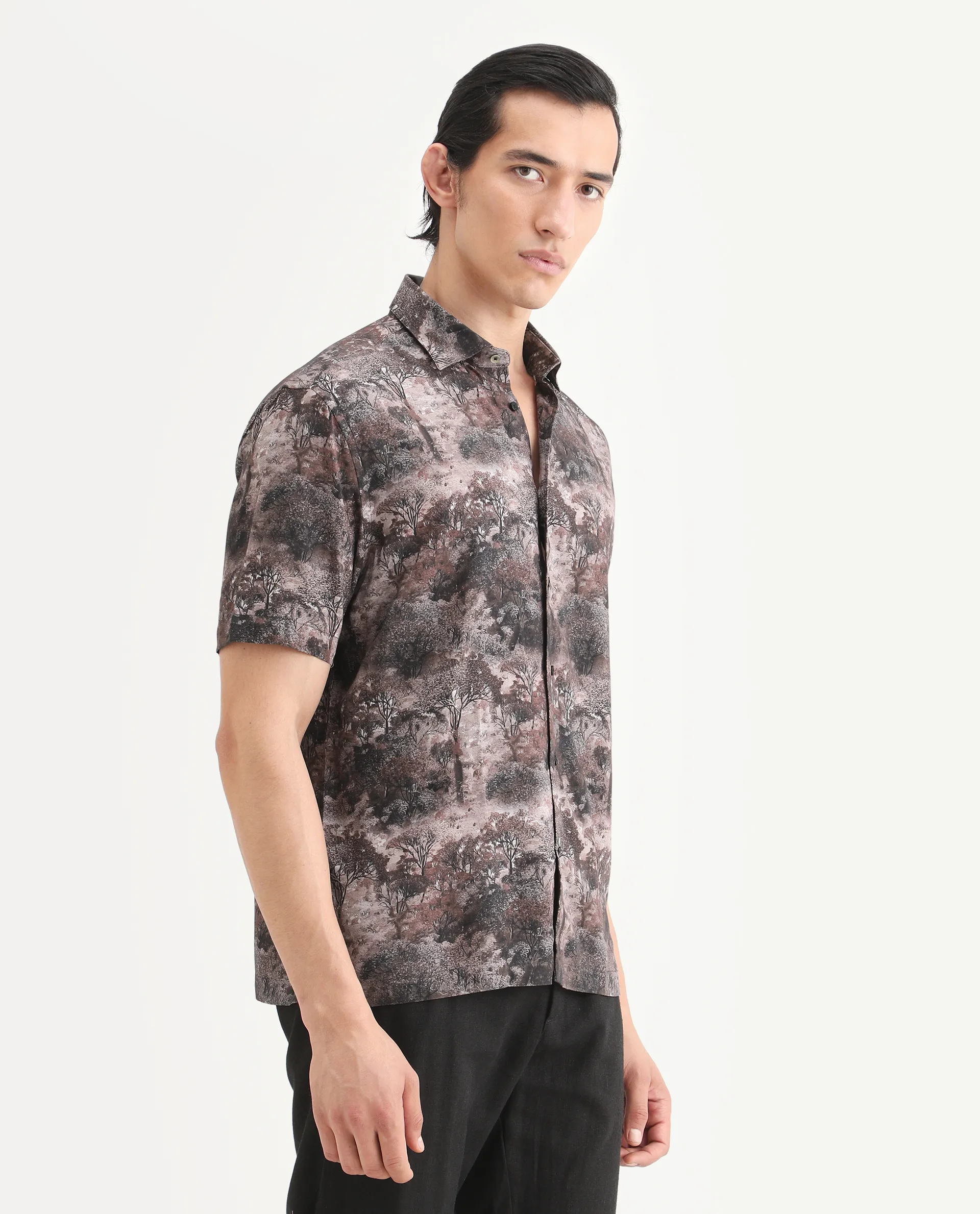 Rare Rabbit Men's Froe Light Brown Viscose Tropical Print Regular Fit Half Sleeve Collared Shirt - Image 6