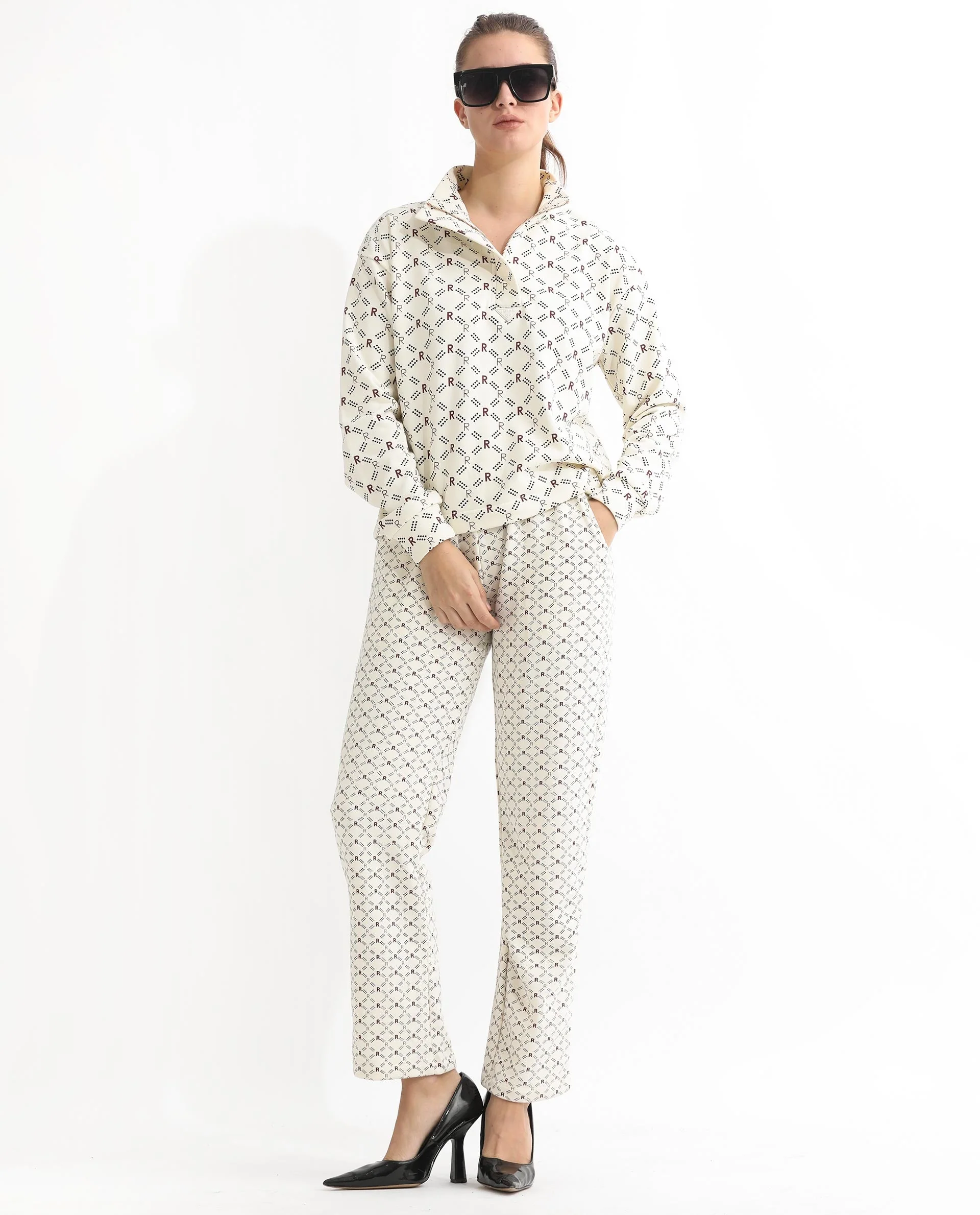 Rareism Women's Fronk Beige Polyester Blend Monogram Print Ankle Length Tailored Track Pant