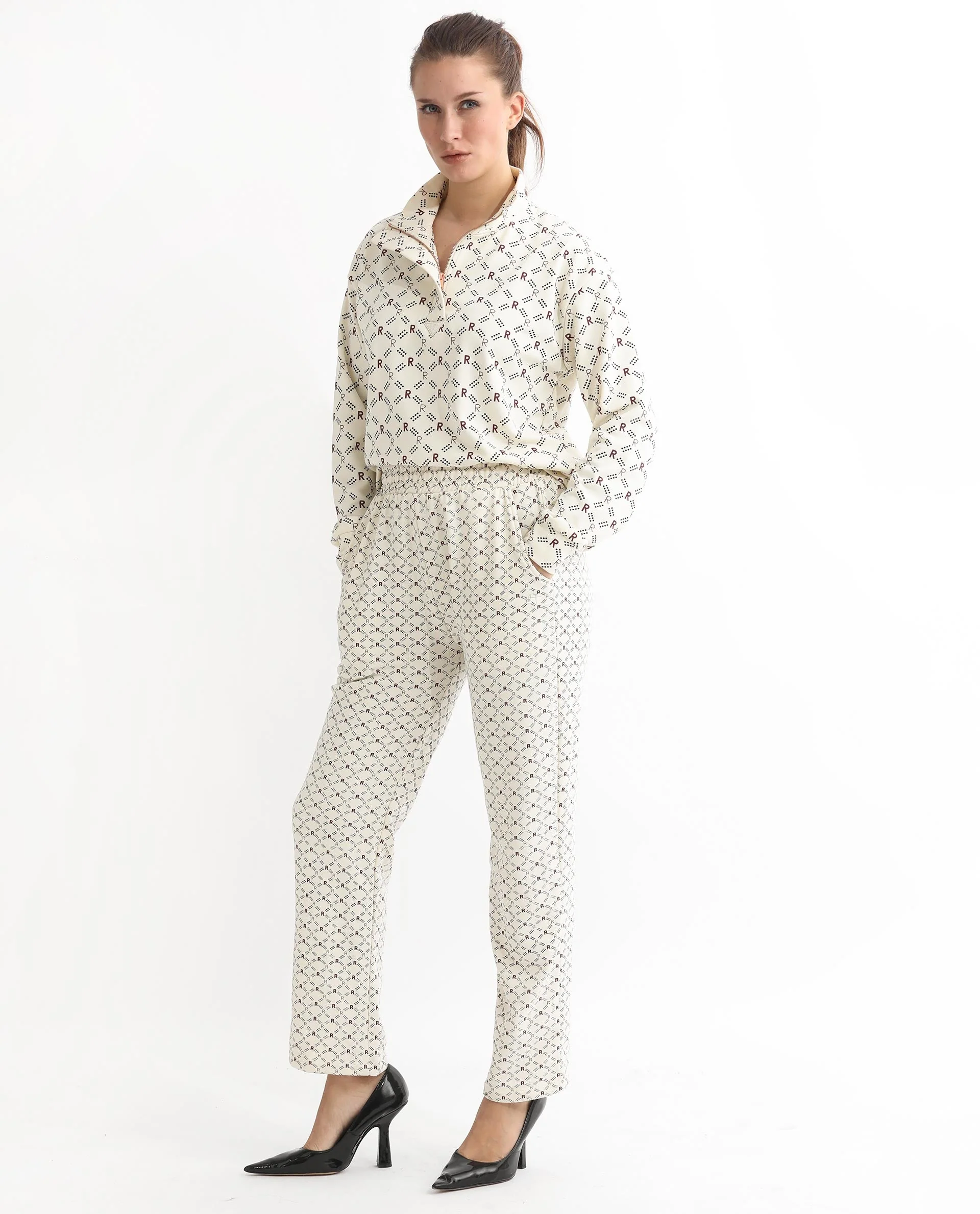 Rareism Women's Fronk Beige Polyester Blend Monogram Print Ankle Length Tailored Track Pant - Image 12