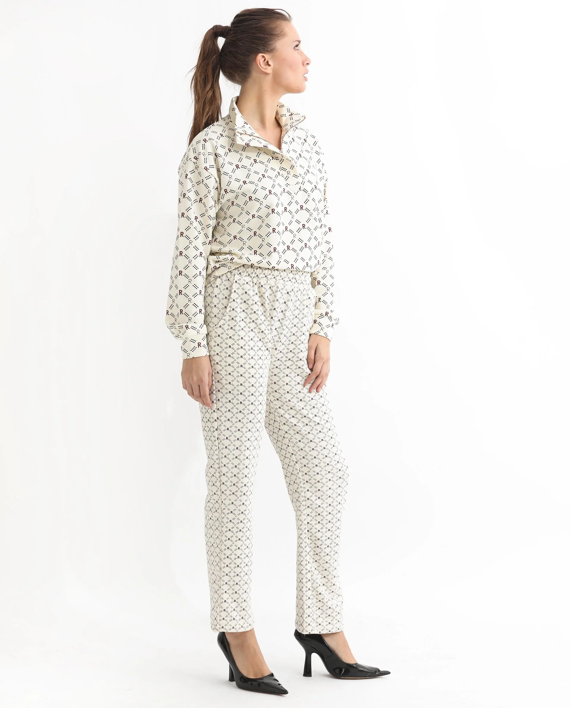 Rareism Women's Fronk Beige Polyester Blend Monogram Print Ankle Length Tailored Track Pant - Image 13