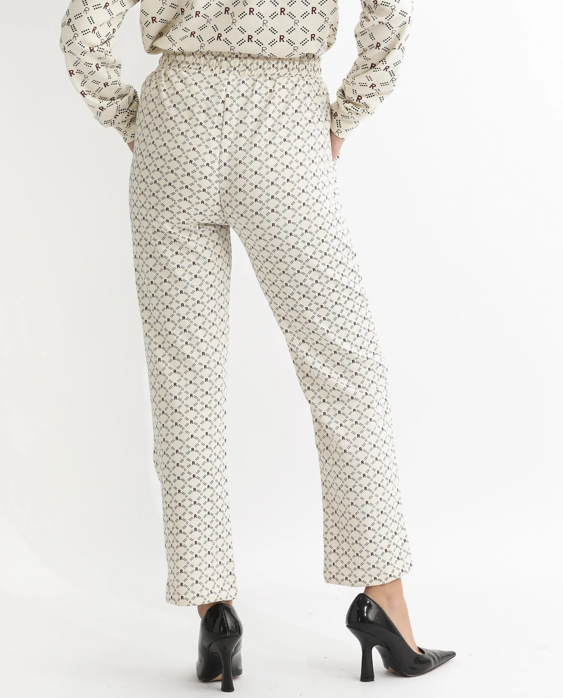 Rareism Women's Fronk Beige Polyester Blend Monogram Print Ankle Length Tailored Track Pant - Image 14