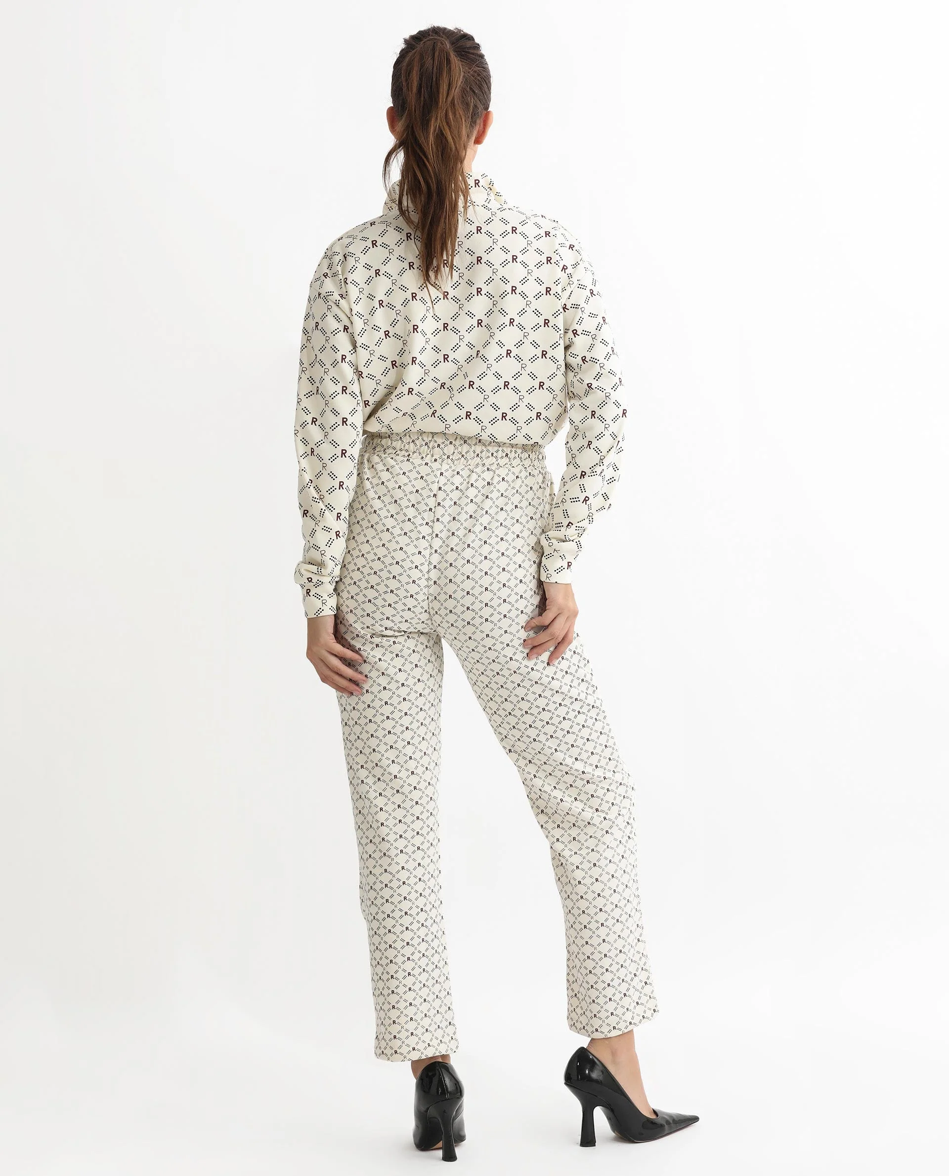 Rareism Women's Fronk Beige Polyester Blend Monogram Print Ankle Length Tailored Track Pant - Image 15