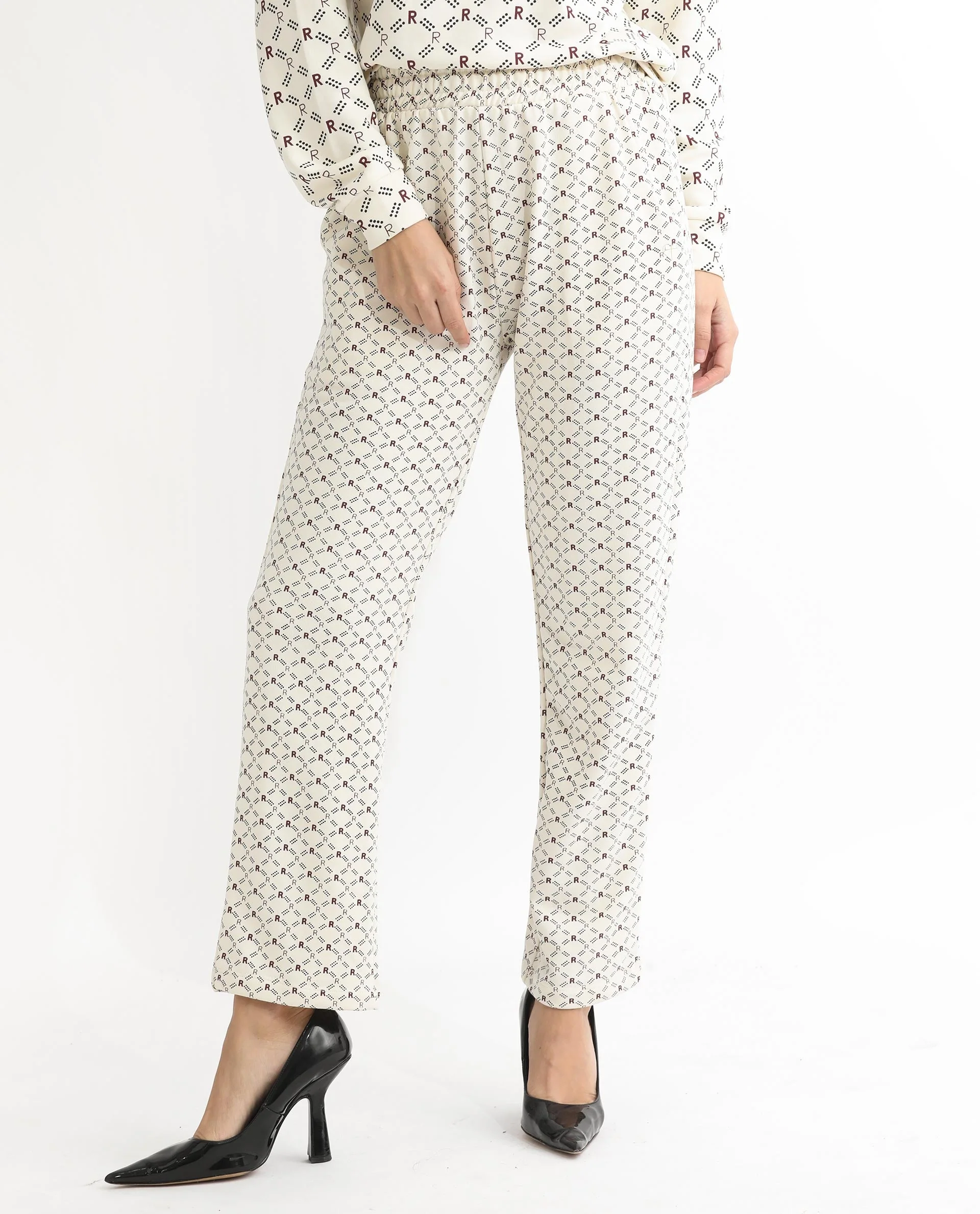 Rareism Women's Fronk Beige Polyester Blend Monogram Print Ankle Length Tailored Track Pant - Image 2