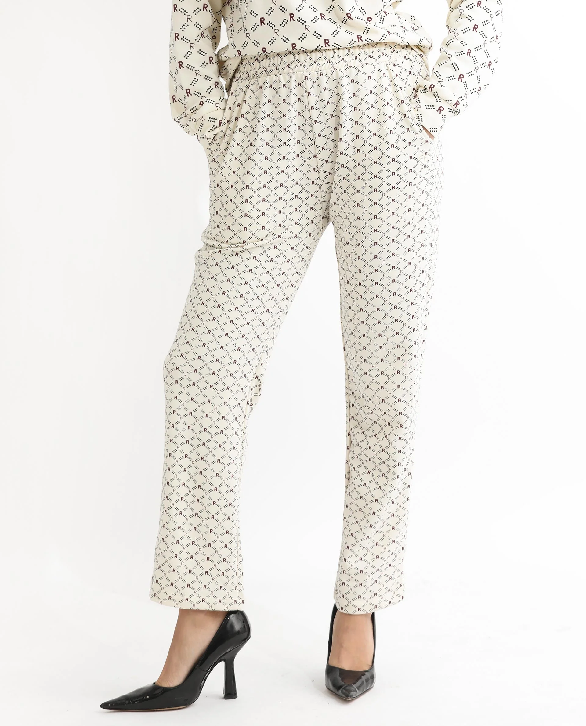 Rareism Women's Fronk Beige Polyester Blend Monogram Print Ankle Length Tailored Track Pant - Image 4