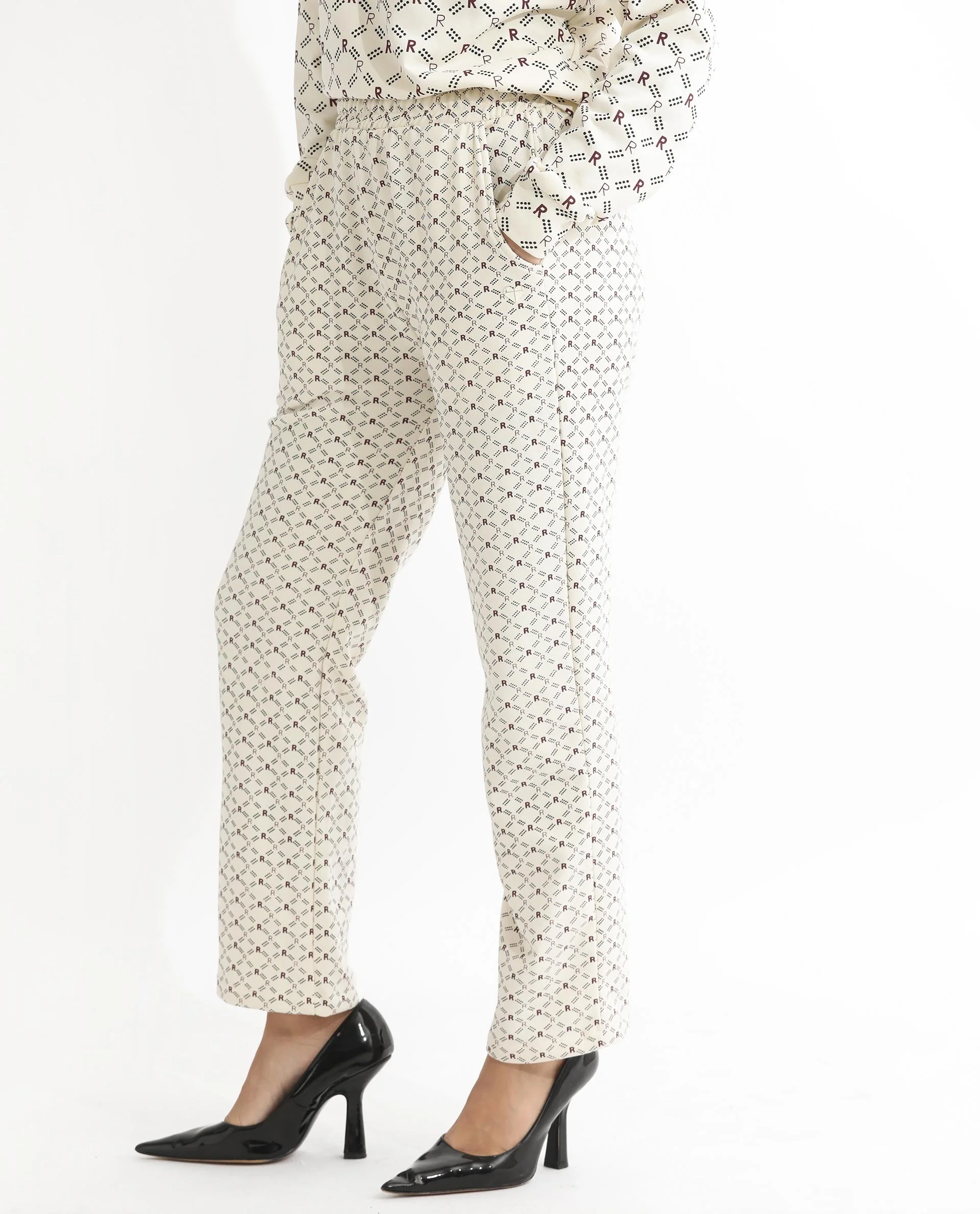 Rareism Women's Fronk Beige Polyester Blend Monogram Print Ankle Length Tailored Track Pant - Image 5