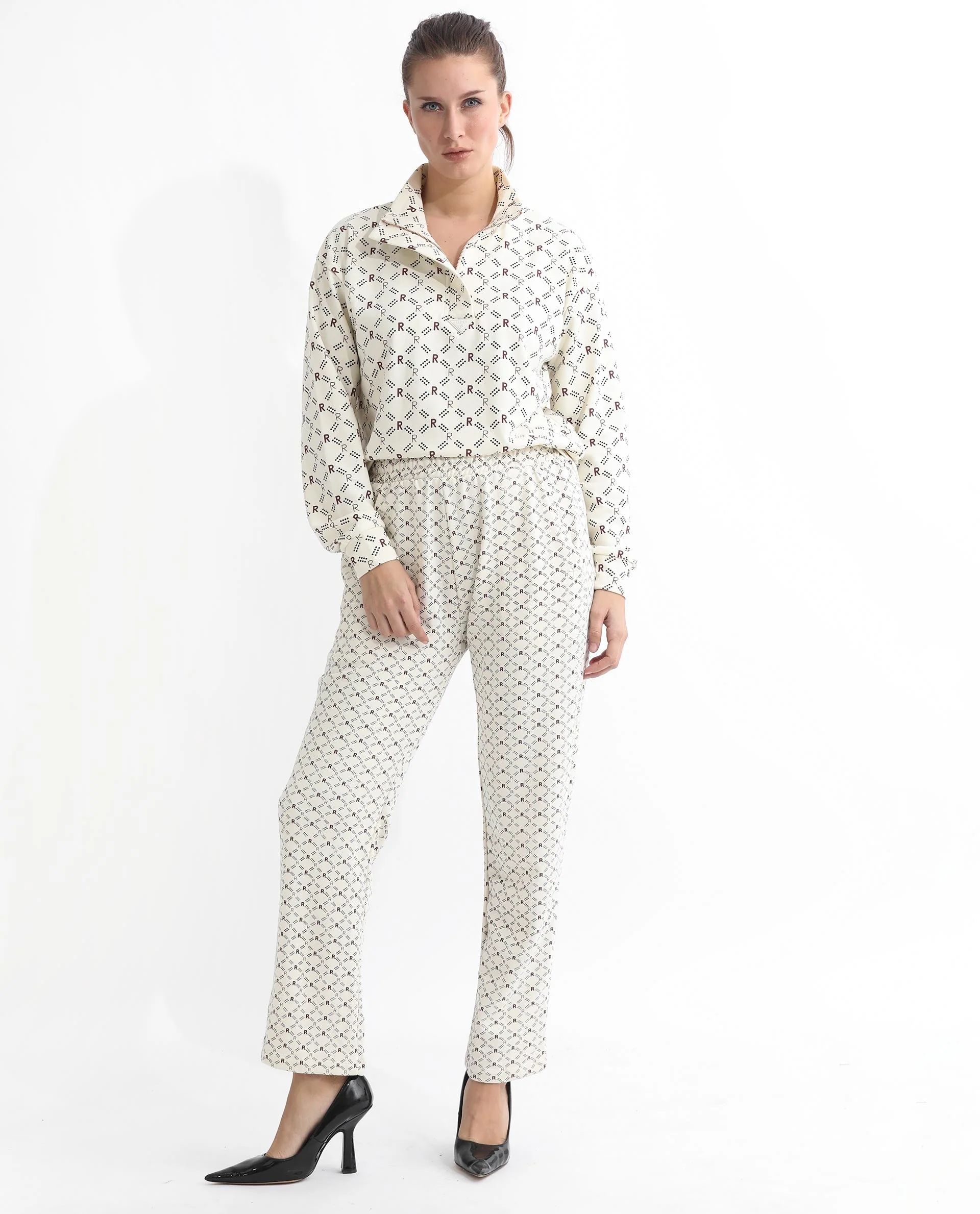 Rareism Women's Fronk Beige Polyester Blend Monogram Print Ankle Length Tailored Track Pant - Image 6