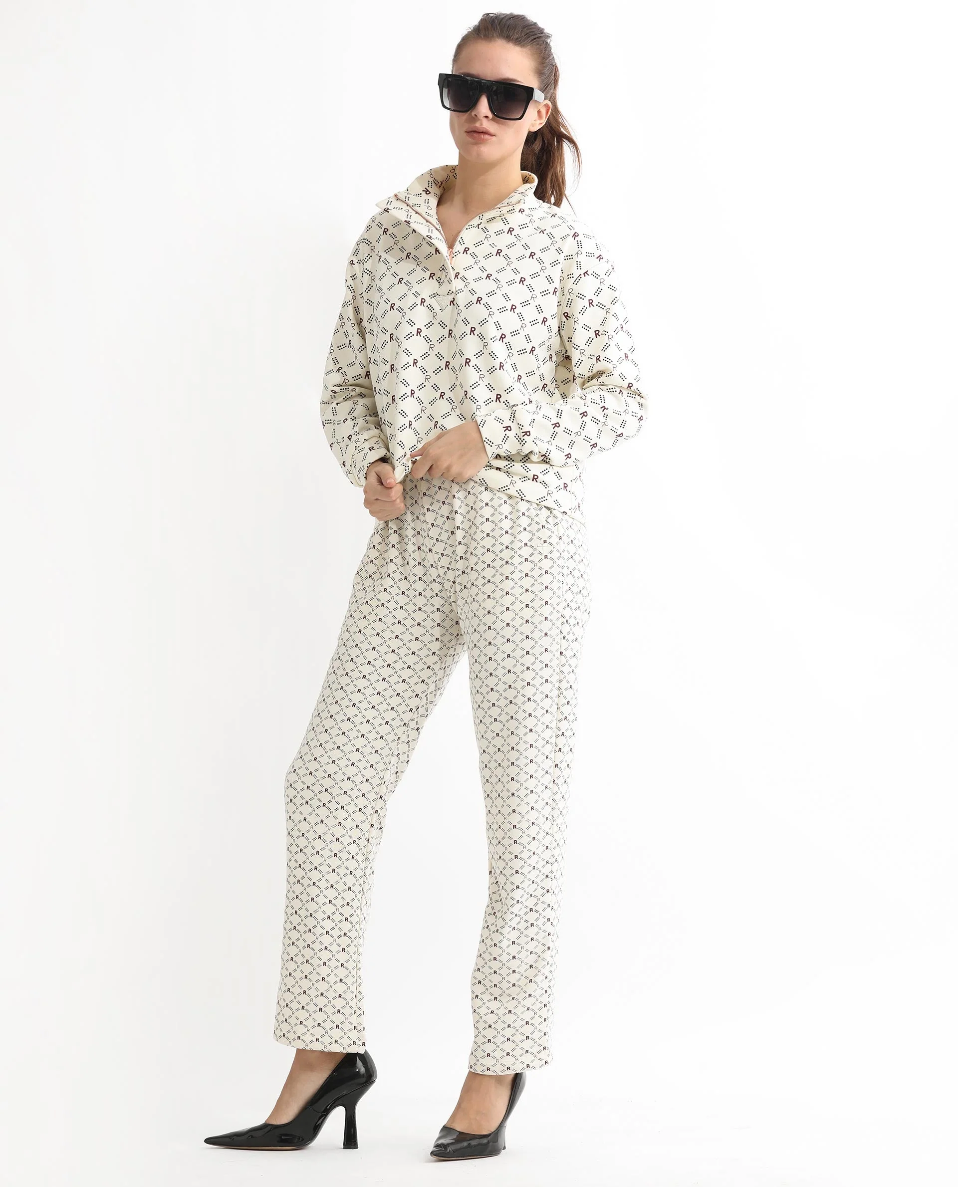 Rareism Women's Fronk Beige Polyester Blend Monogram Print Ankle Length Tailored Track Pant - Image 8