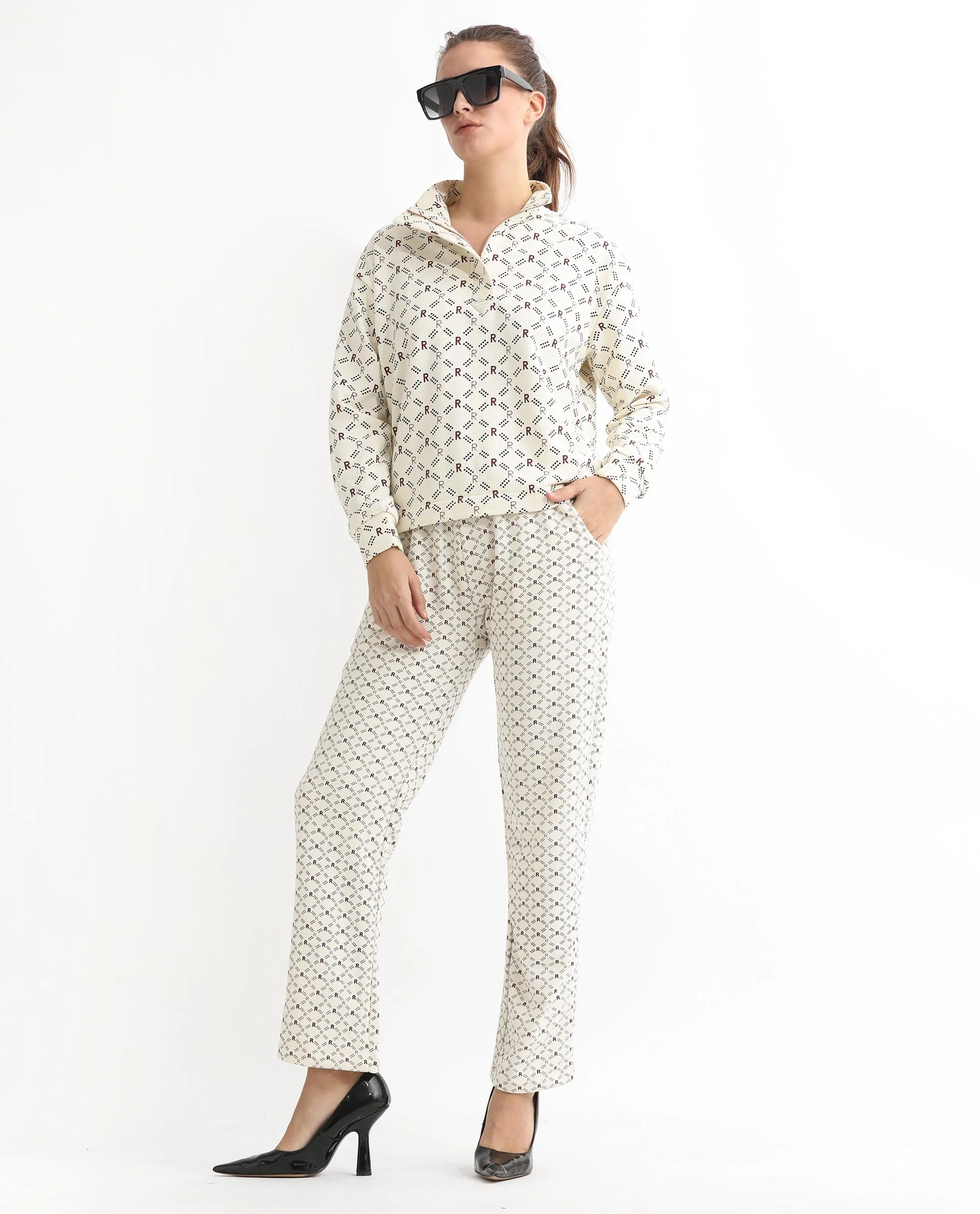 Rareism Women's Fronk Beige Polyester Blend Monogram Print Ankle Length Tailored Track Pant - Image 9