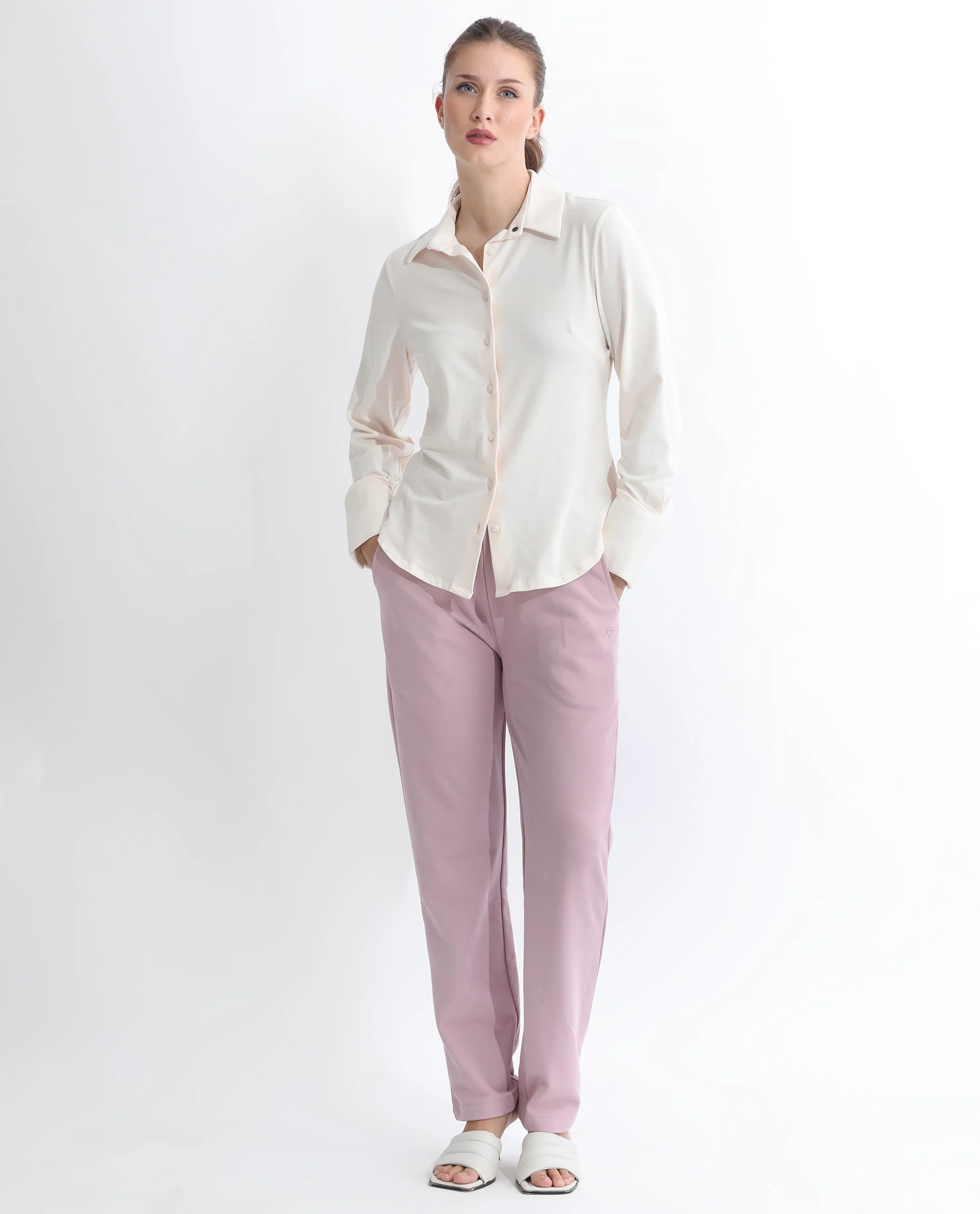Rareism Women's Fronk Dusky Pink Polyester Blend Plain Ankle Length Tailored Track Pant