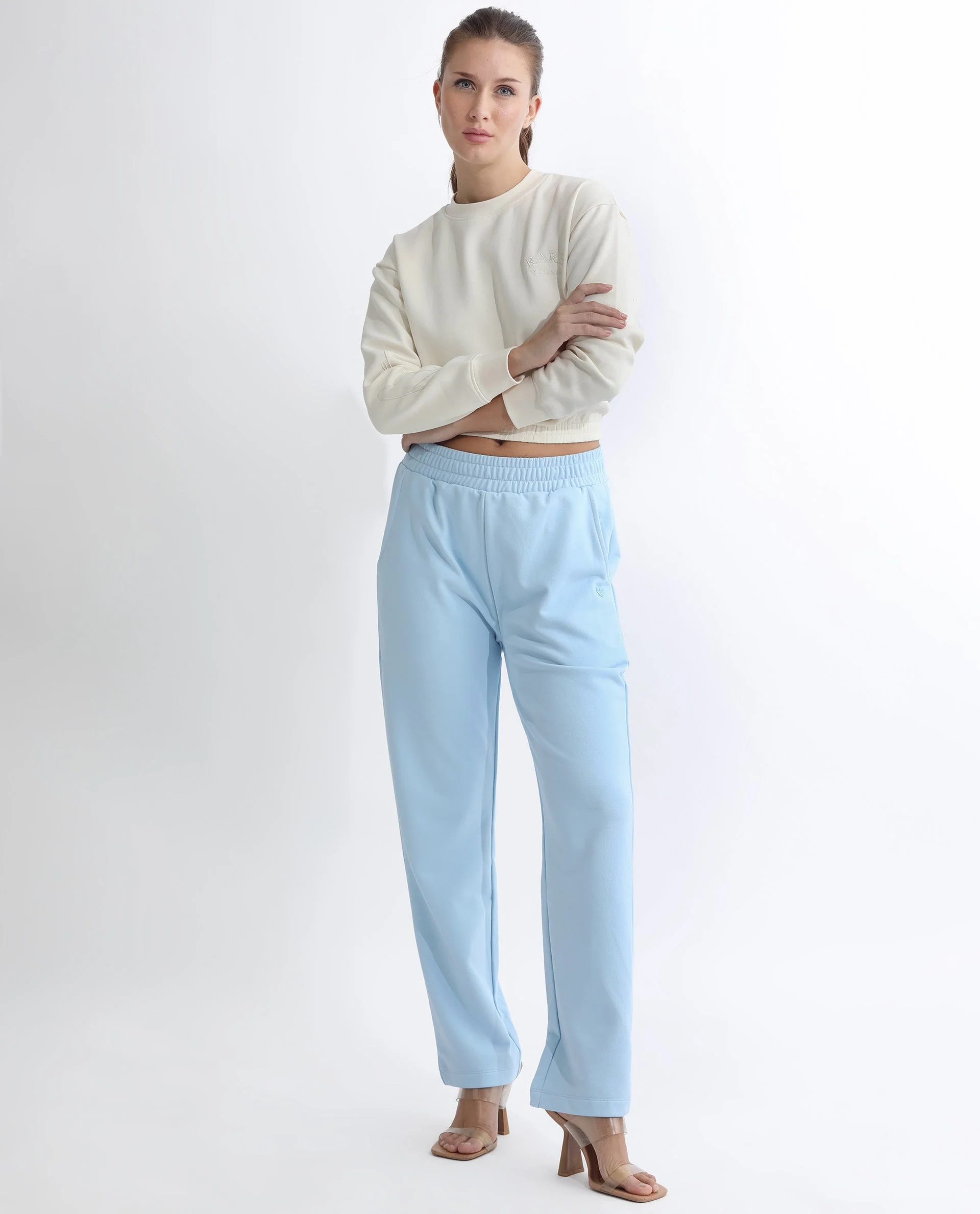 Rareism Women's Fronk Light Blue Polyester Blend Plain Ankle Length Tailored Track Pant - Image 3