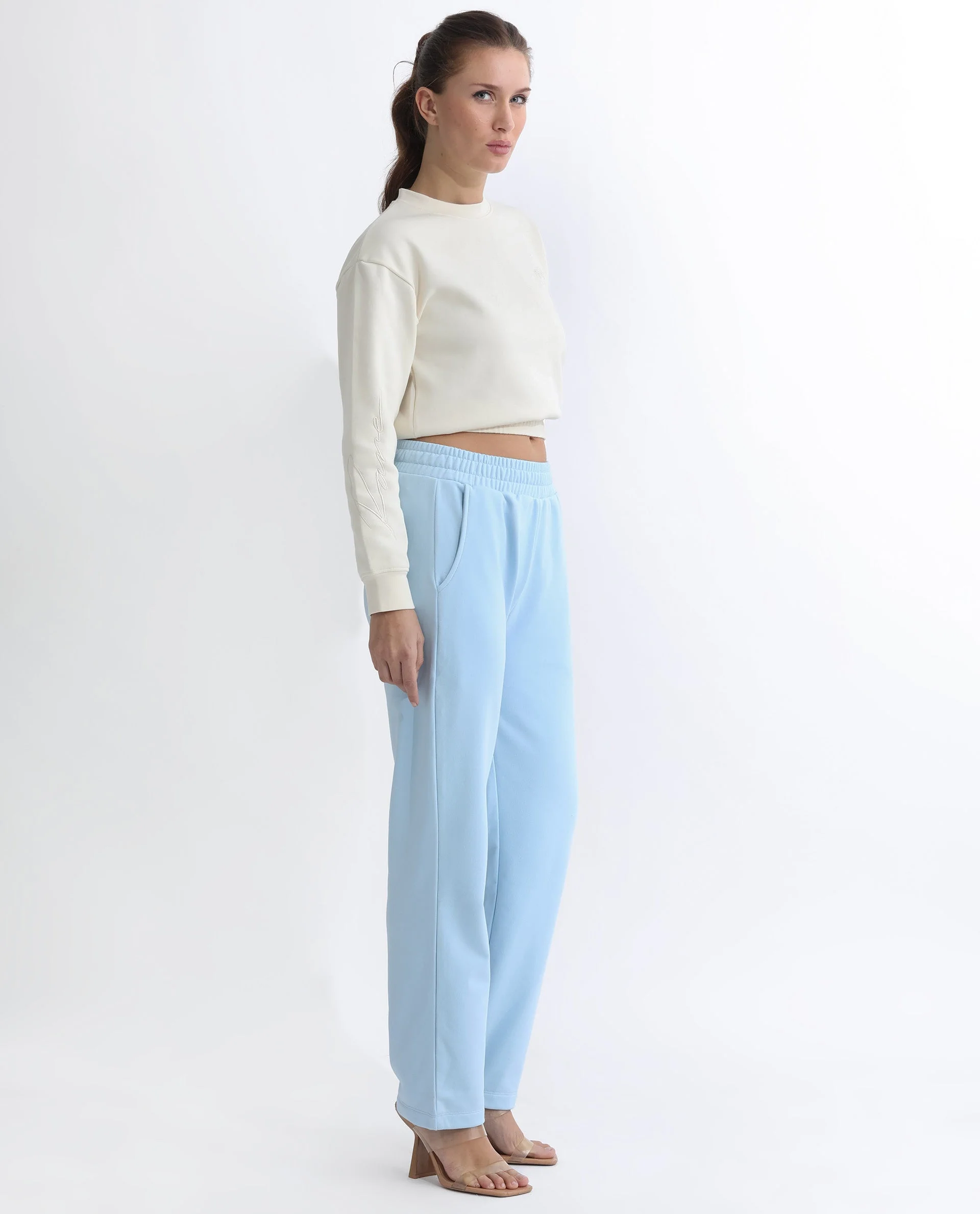Rareism Women's Fronk Light Blue Polyester Blend Plain Ankle Length Tailored Track Pant - Image 9