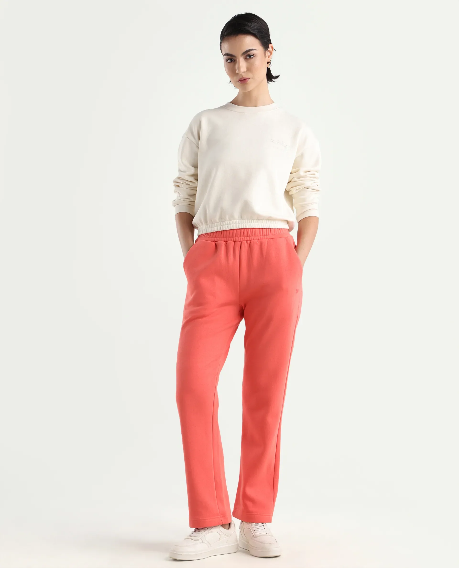 Rareism Women's Fronk Orange Polyester Blend Plain Ankle Length Tailored Track Pant