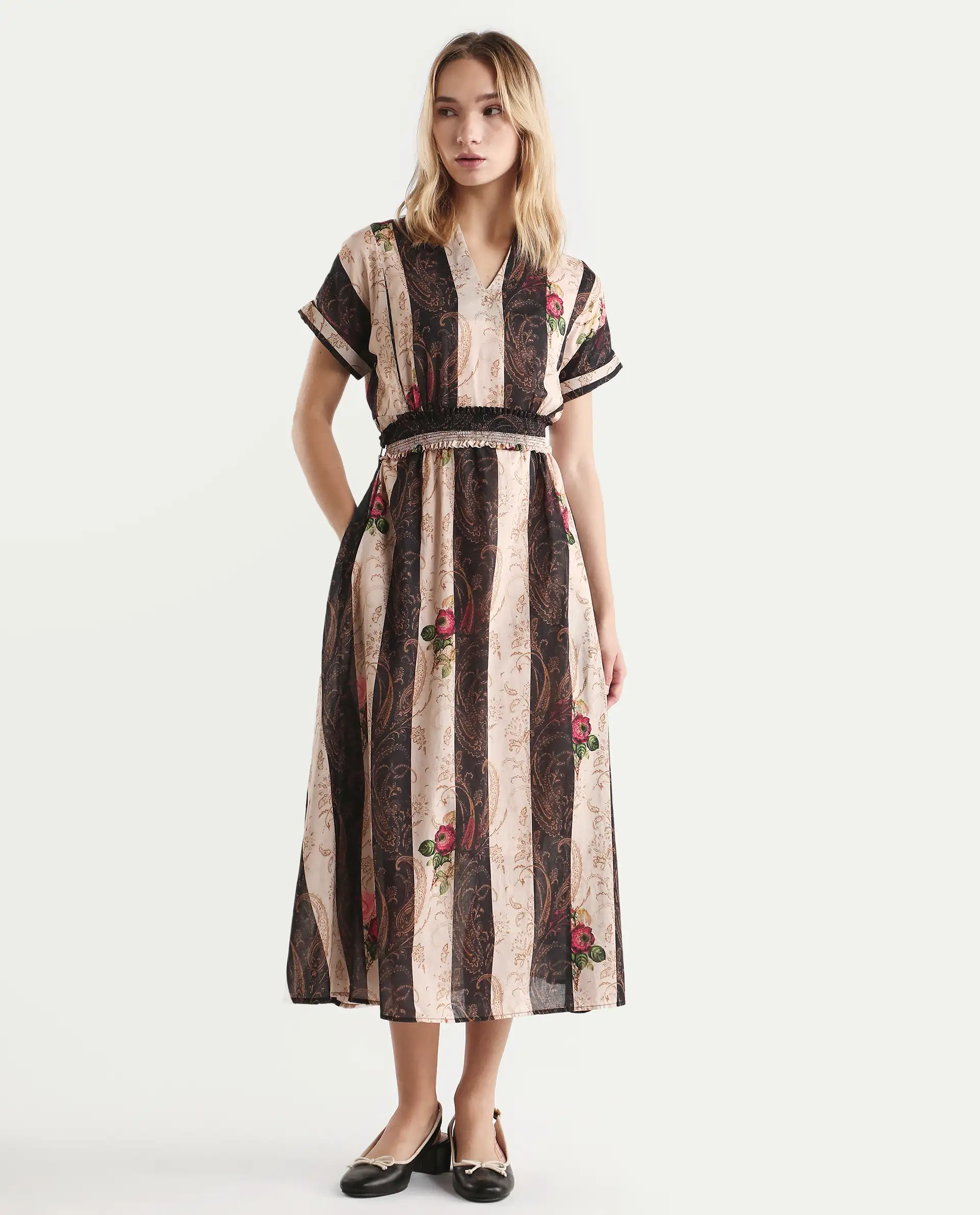 Rareism Women's Frost Olive Cotton V-Neck Paisley Print Extended Sleeves Midi A-Line Dress - Image 2