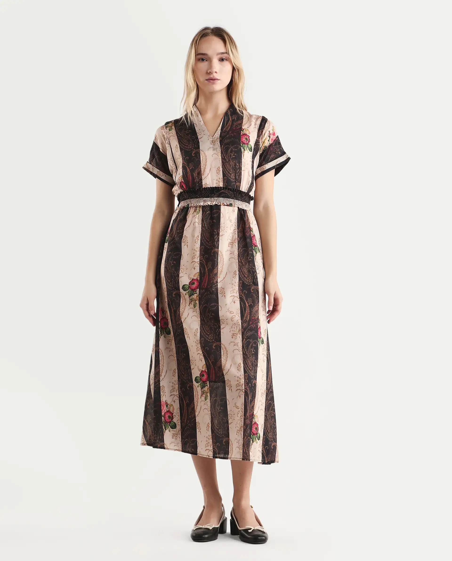 Rareism Women's Frost Olive Cotton V-Neck Paisley Print Extended Sleeves Midi A-Line Dress - Image 3