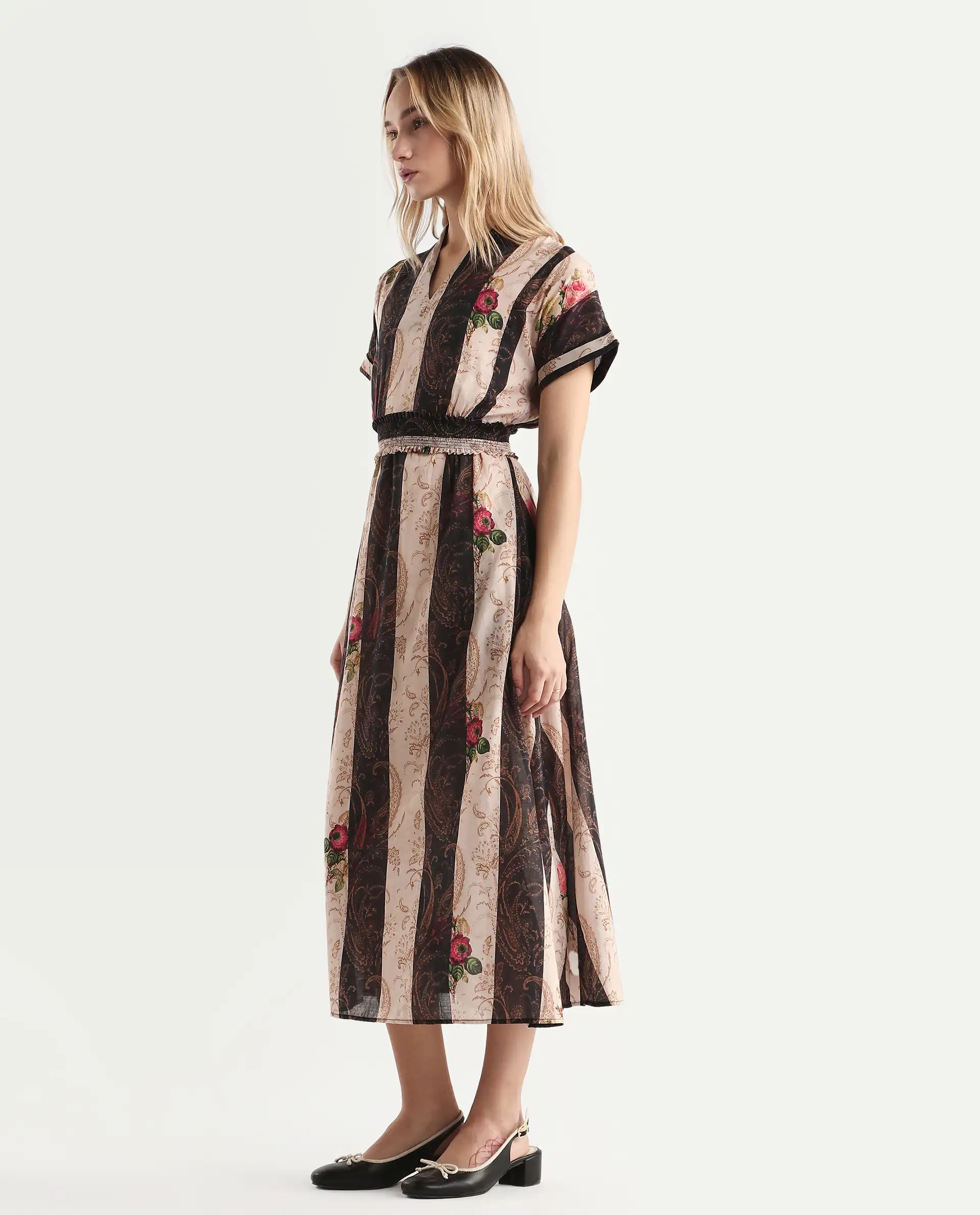 Rareism Women's Frost Olive Cotton V-Neck Paisley Print Extended Sleeves Midi A-Line Dress - Image 4