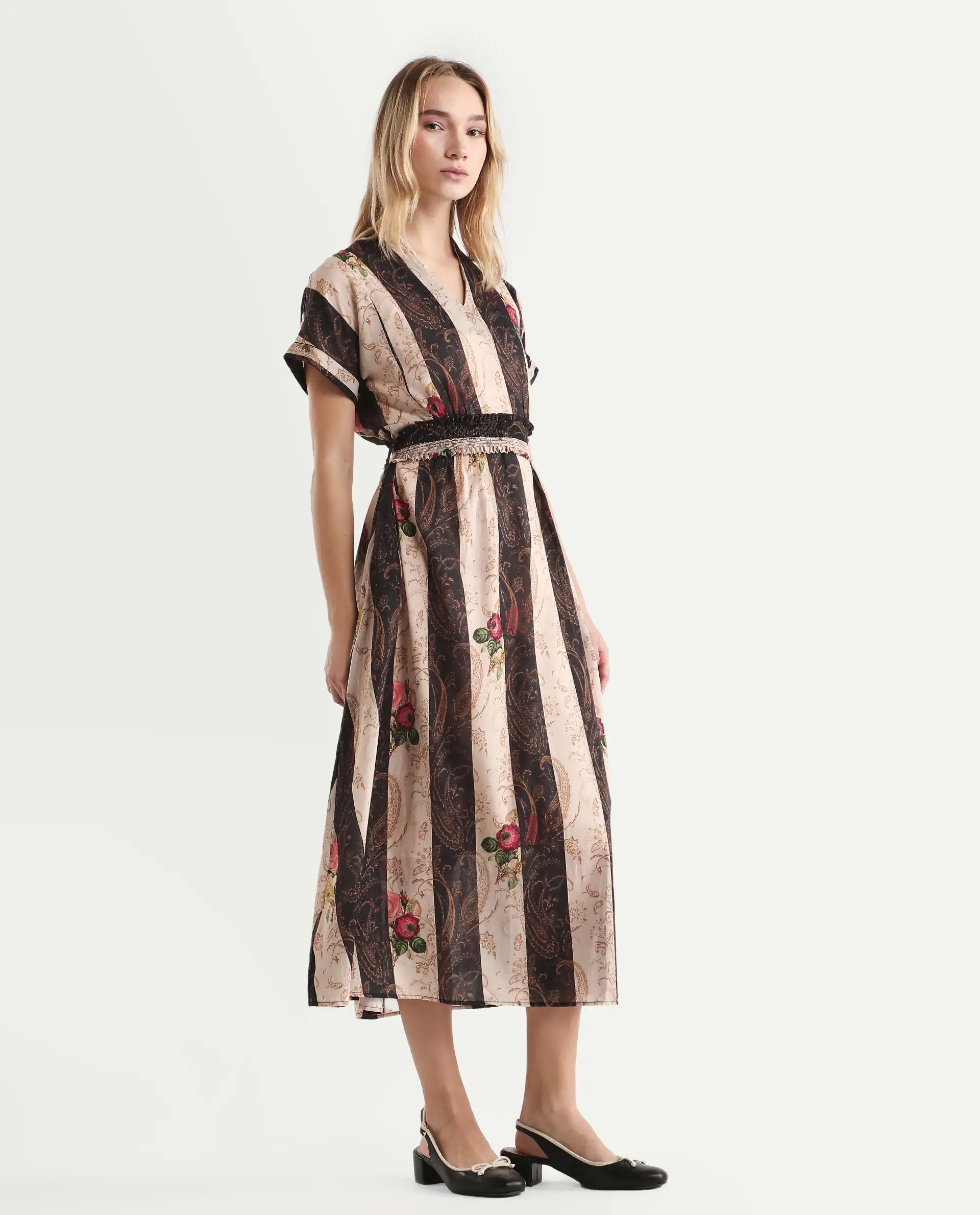 Rareism Women's Frost Olive Cotton V-Neck Paisley Print Extended Sleeves Midi A-Line Dress - Image 5