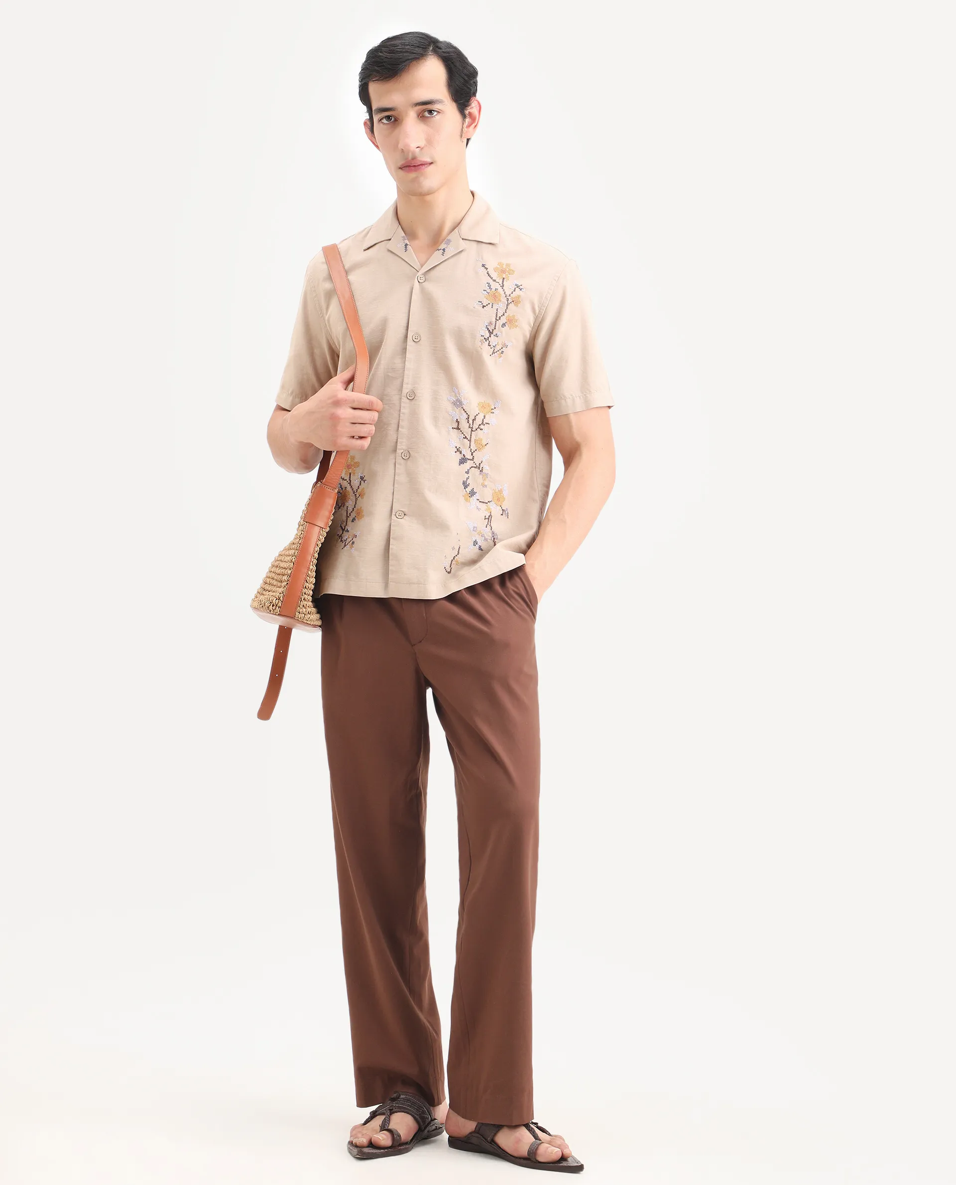 Rare Rabbit Men's Frot Dark Beige Cotton Fabric Half Sleeve Cuban Collar Relaxed Fit Embroidered Shirt - Image 2