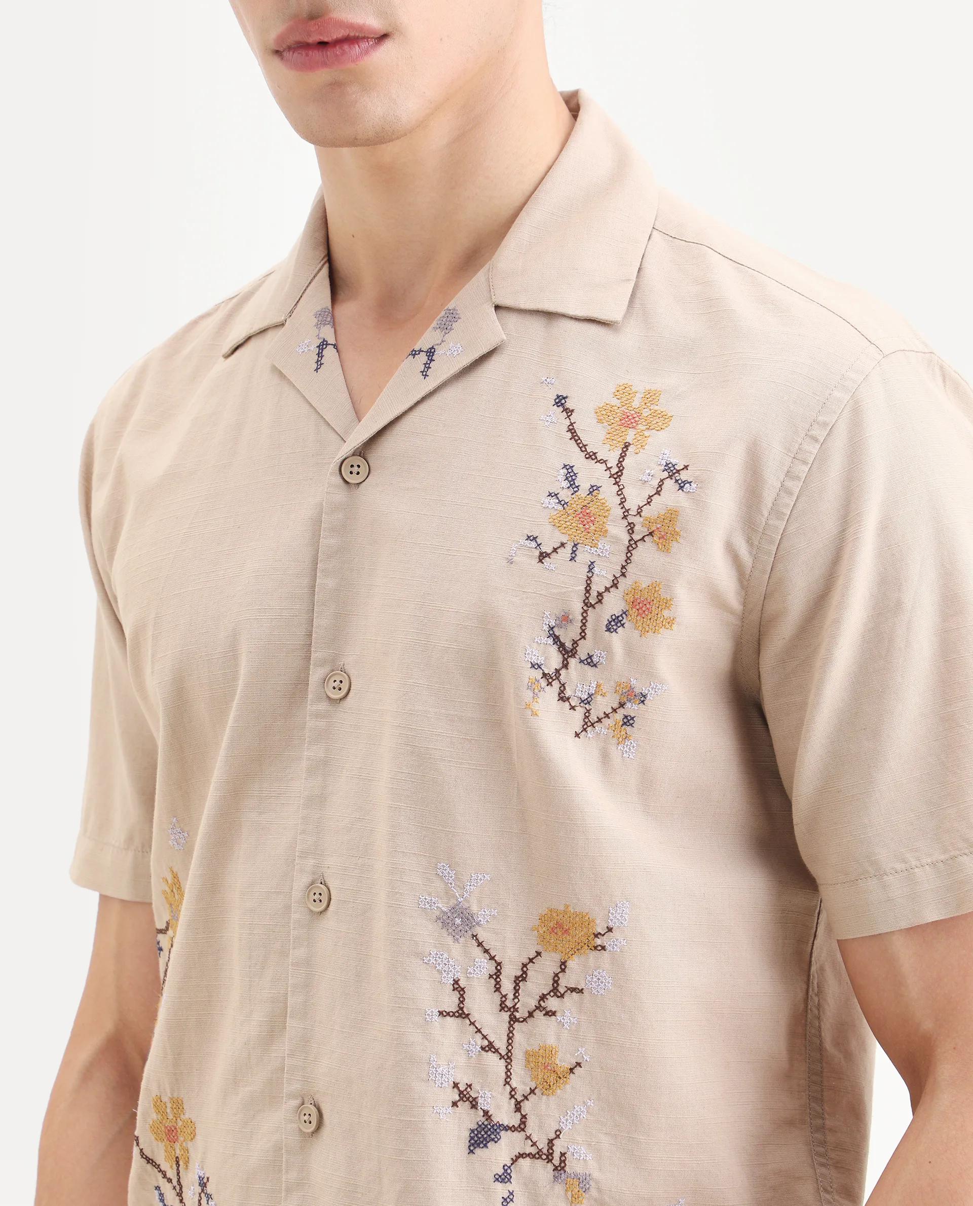 Rare Rabbit Men's Frot Dark Beige Cotton Fabric Half Sleeve Cuban Collar Relaxed Fit Embroidered Shirt - Image 3