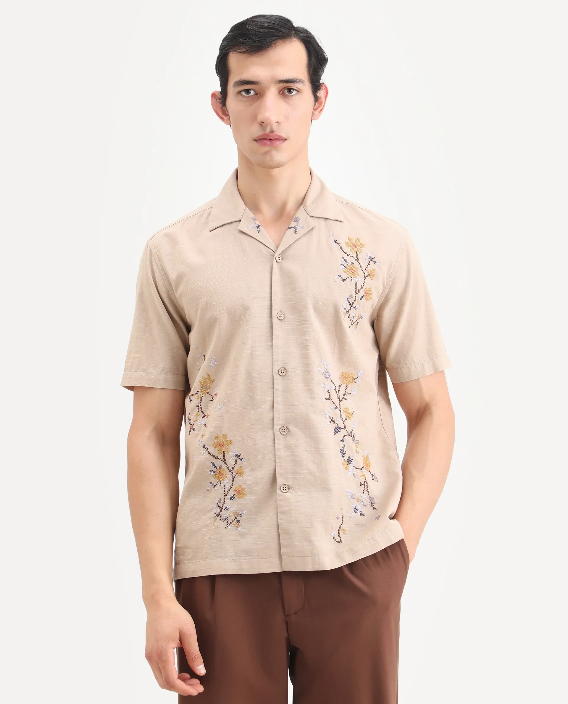 Rare Rabbit Men's Frot Dark Beige Cotton Fabric Half Sleeve Cuban Collar Relaxed Fit Embroidered Shirt - Image 4