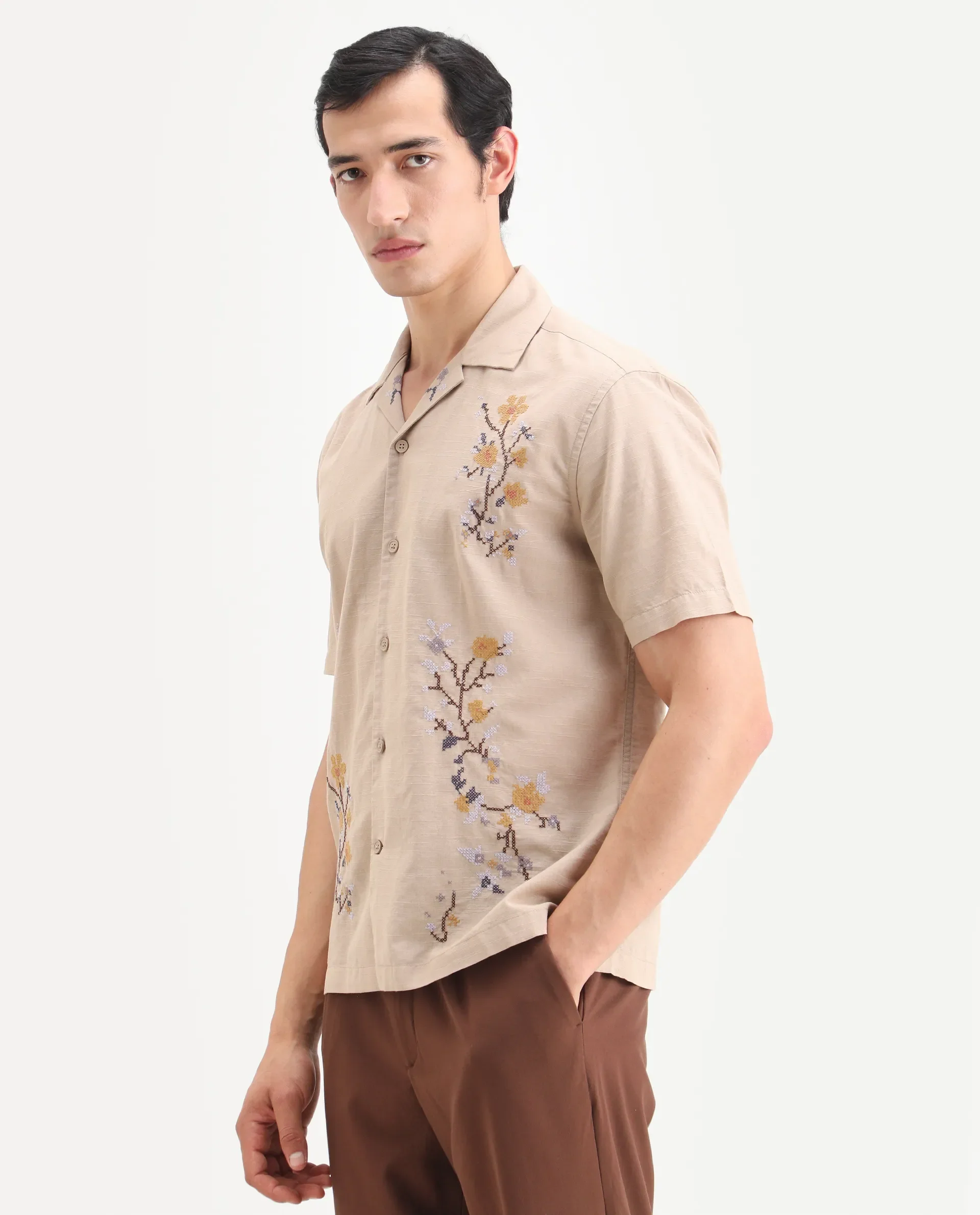 Rare Rabbit Men's Frot Dark Beige Cotton Fabric Half Sleeve Cuban Collar Relaxed Fit Embroidered Shirt - Image 5