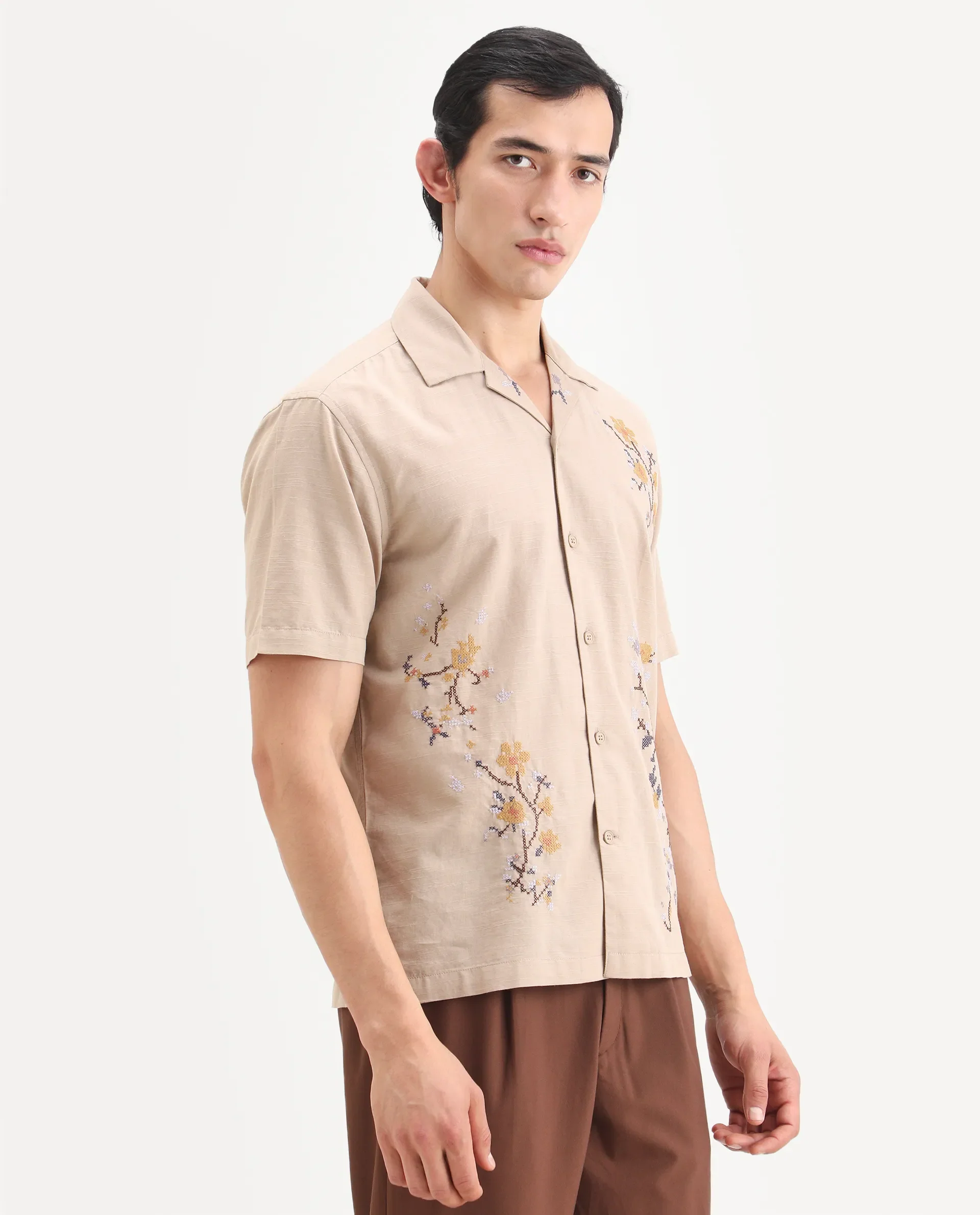 Rare Rabbit Men's Frot Dark Beige Cotton Fabric Half Sleeve Cuban Collar Relaxed Fit Embroidered Shirt - Image 6