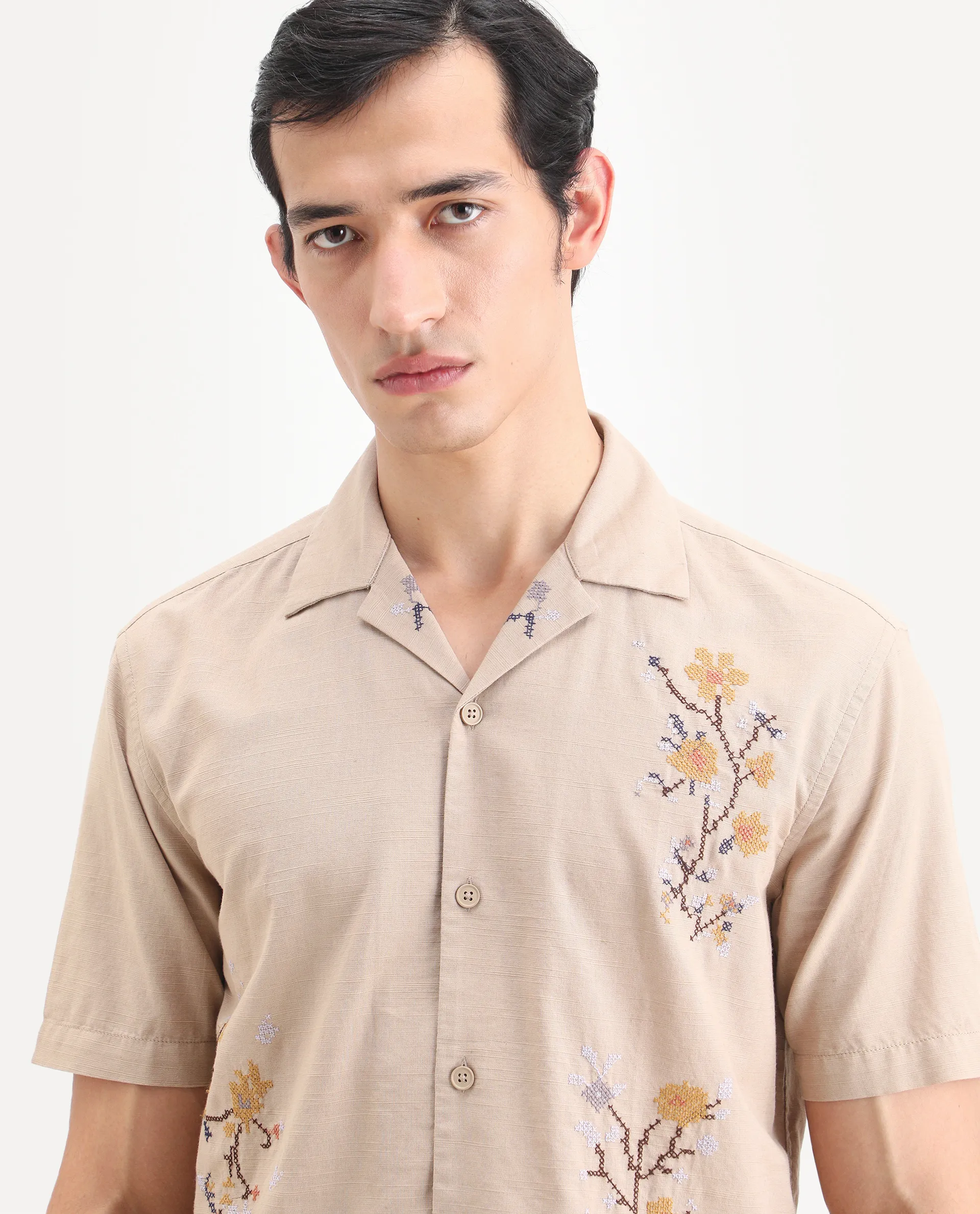 Rare Rabbit Men's Frot Dark Beige Cotton Fabric Half Sleeve Cuban Collar Relaxed Fit Embroidered Shirt - Image 7