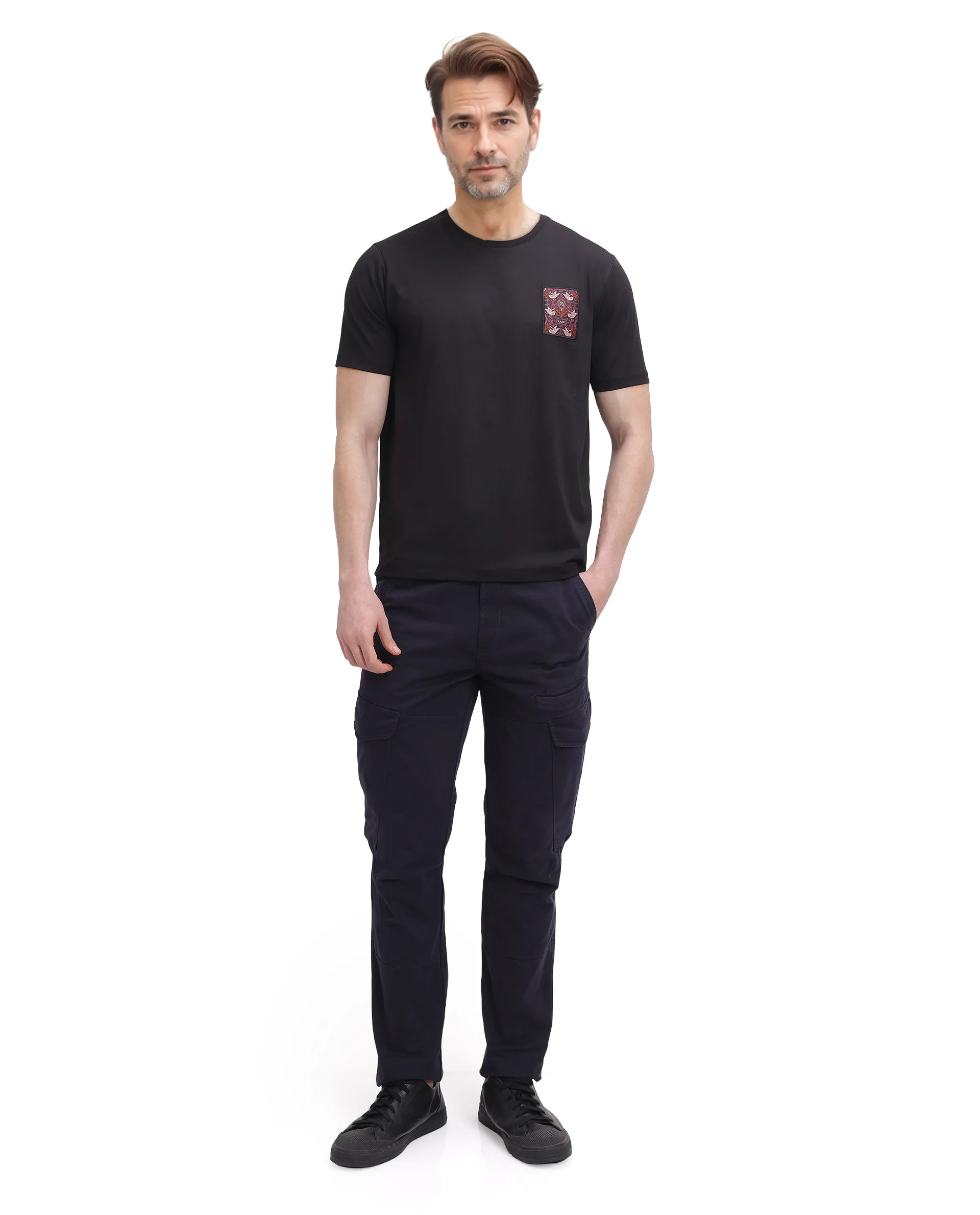 Rare Rabbit Men's Frovik Black Cotton Printed Regular Fit Half Sleeve Crew Neck T-Shirt - Image 2