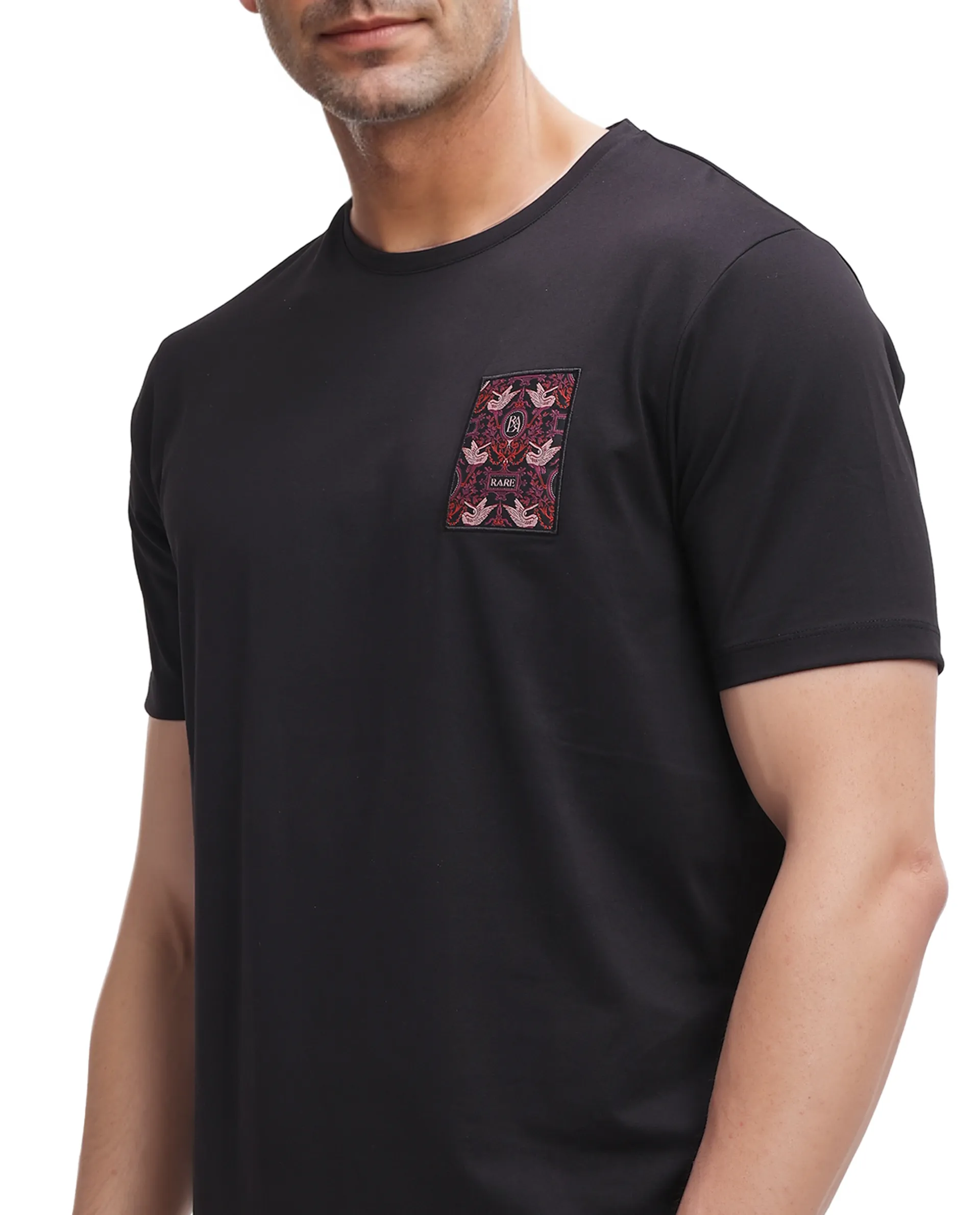 Rare Rabbit Men's Frovik Black Cotton Printed Regular Fit Half Sleeve Crew Neck T-Shirt - Image 3