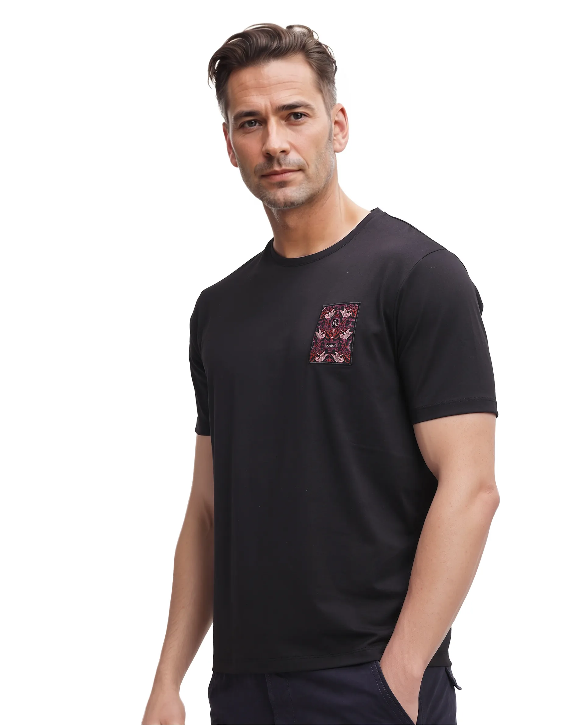 Rare Rabbit Men's Frovik Black Cotton Printed Regular Fit Half Sleeve Crew Neck T-Shirt - Image 5