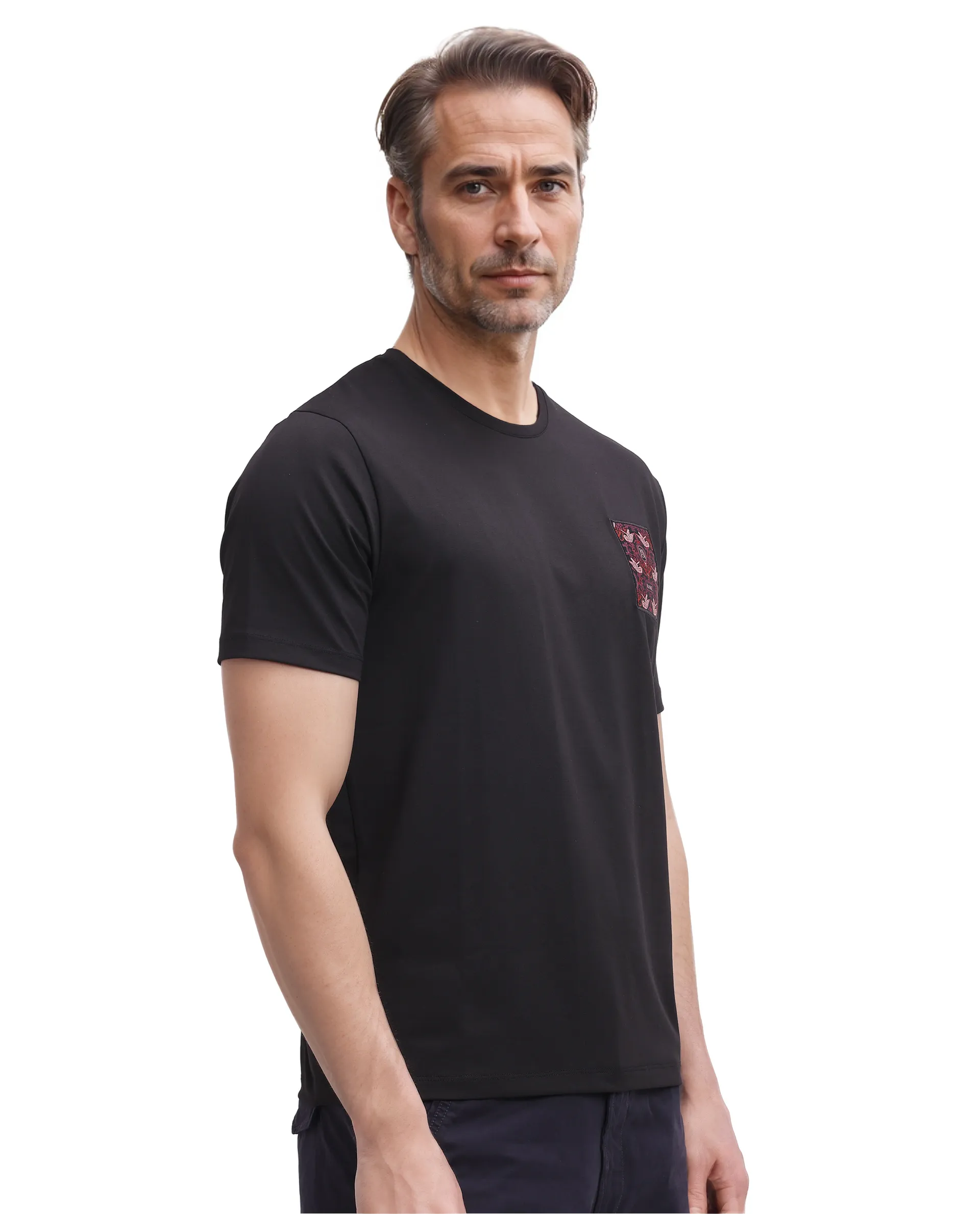 Rare Rabbit Men's Frovik Black Cotton Printed Regular Fit Half Sleeve Crew Neck T-Shirt - Image 6