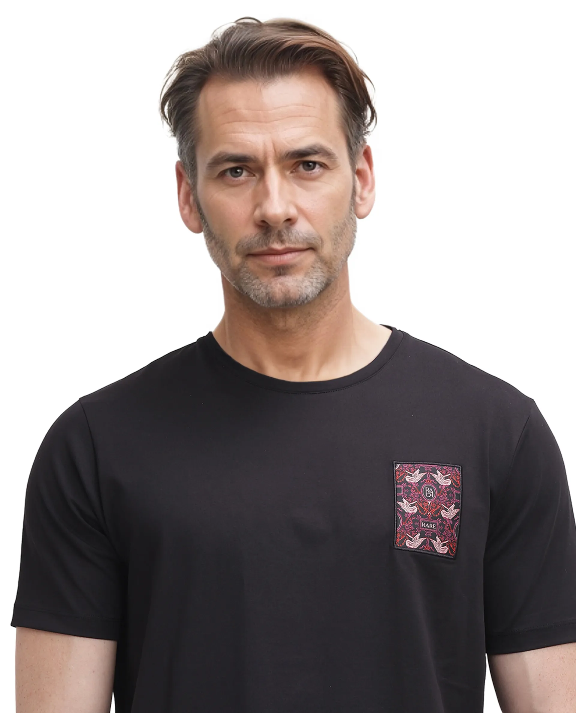 Rare Rabbit Men's Frovik Black Cotton Printed Regular Fit Half Sleeve Crew Neck T-Shirt - Image 8