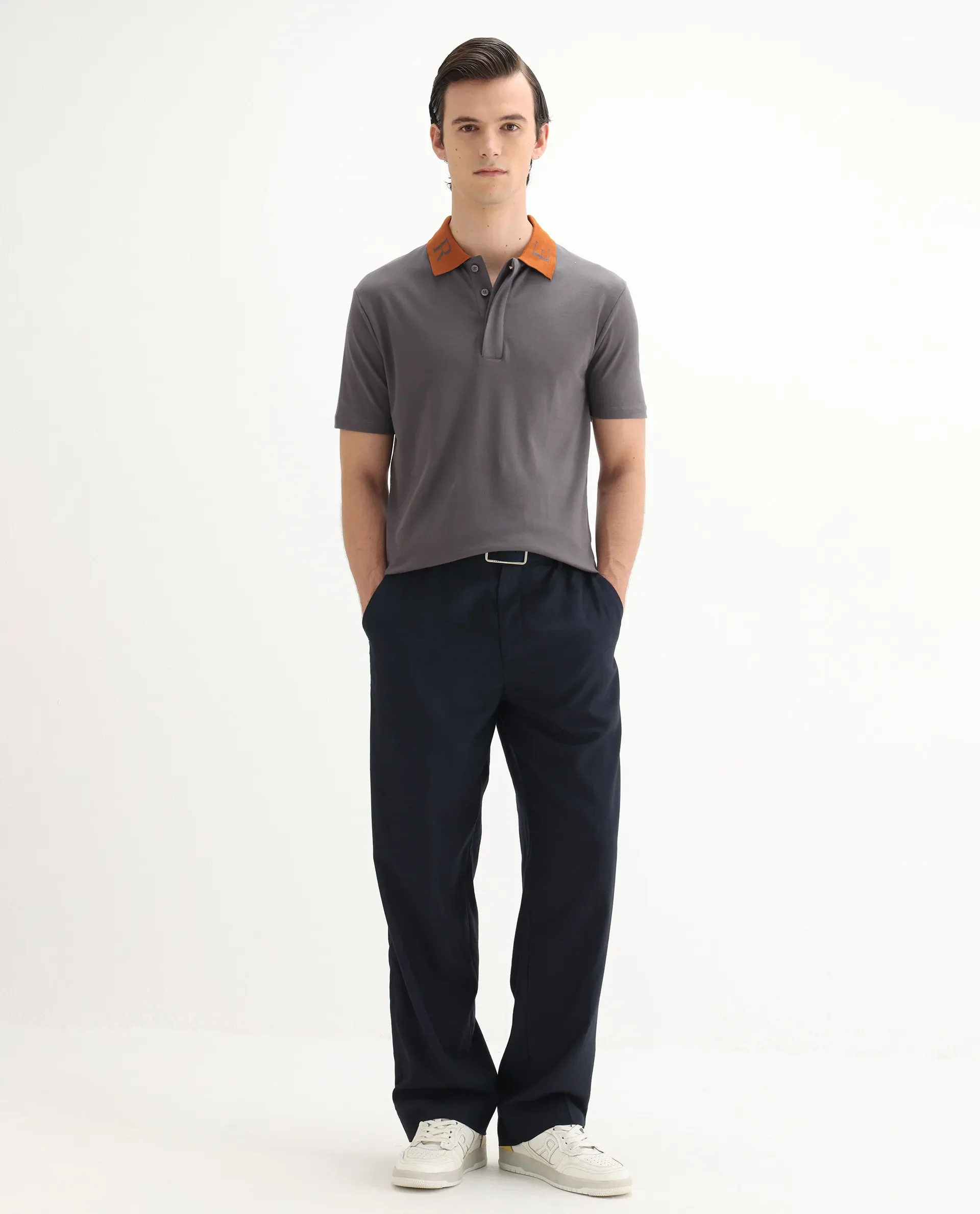 Rare Rabbit Men's Frow Grey Cotton Plain Regular Fit Half Sleeve Polo - Image 2