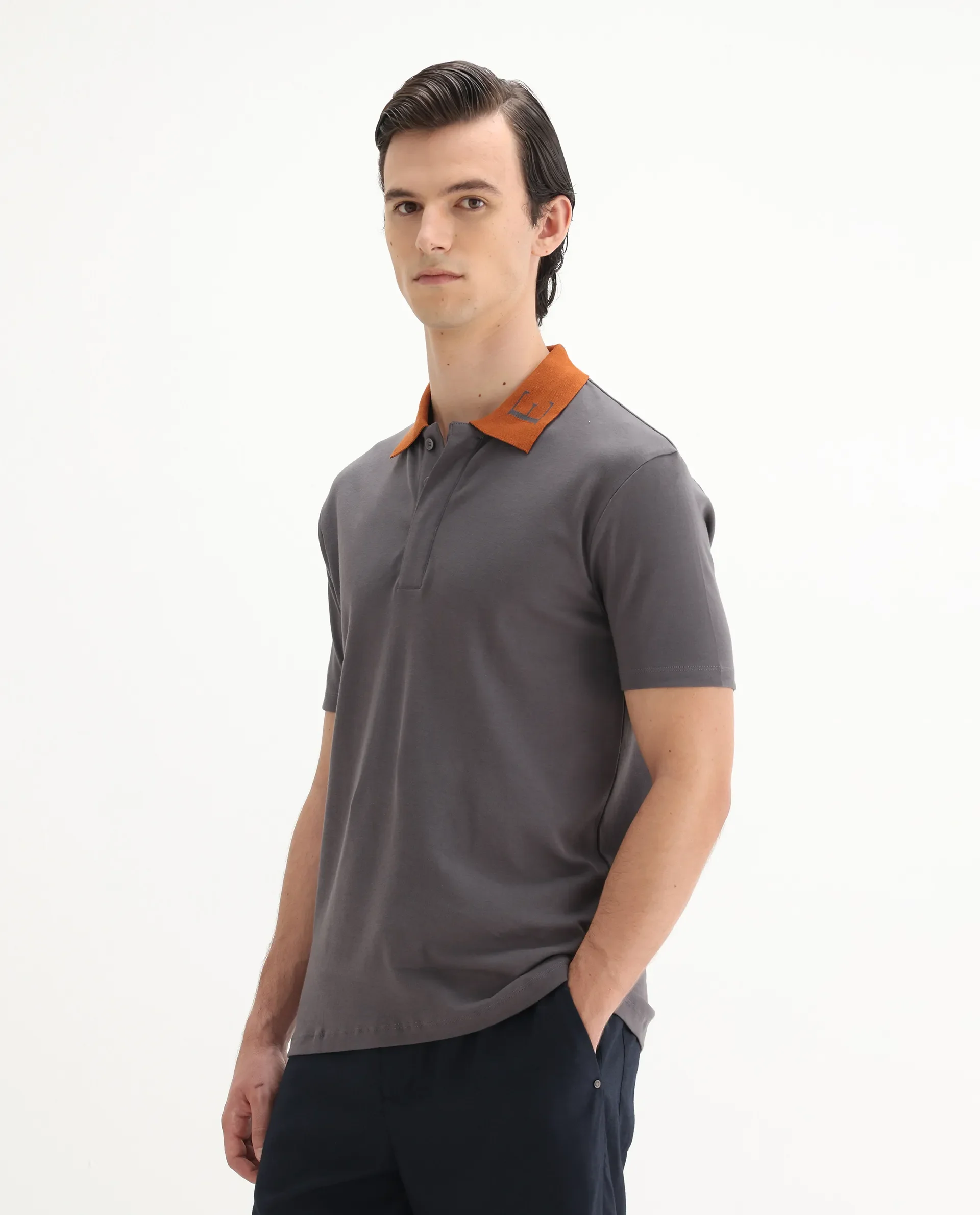 Rare Rabbit Men's Frow Grey Cotton Plain Regular Fit Half Sleeve Polo - Image 5