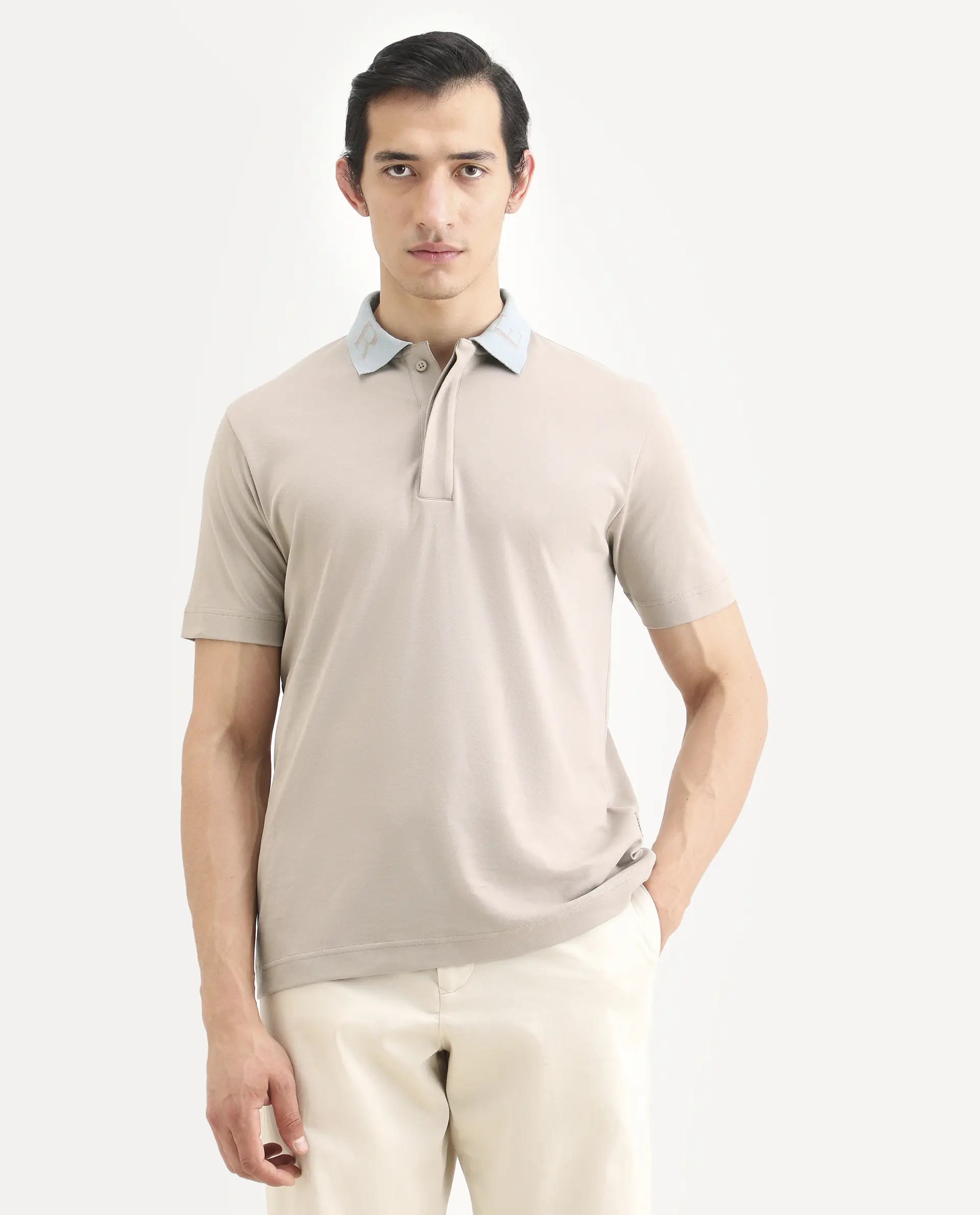 Rare Rabbit Men's Frow-S26 Beige Cotton Fabric Half Sleeve Spread Collar Regular Fit Plain Polo - Image 4