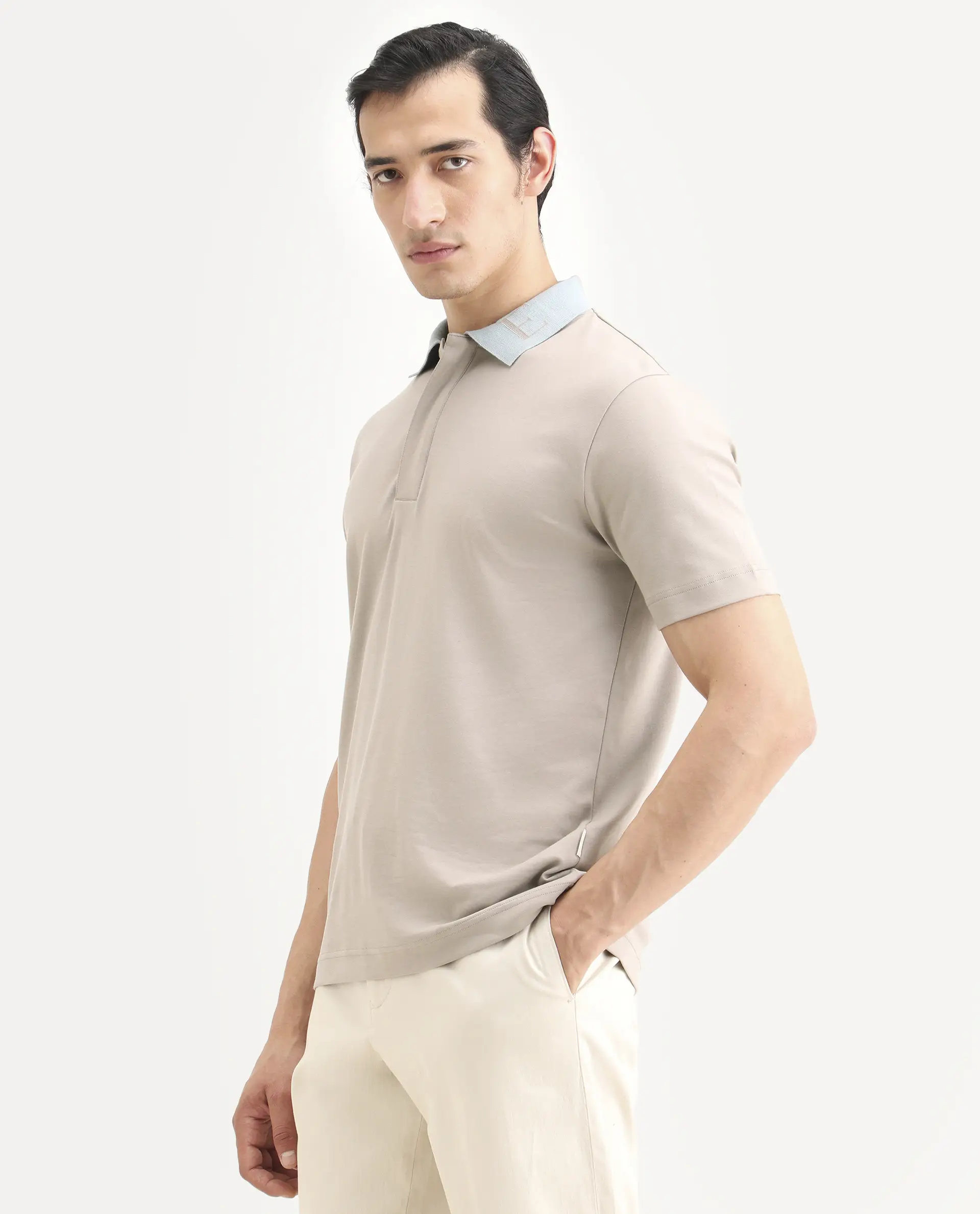Rare Rabbit Men's Frow-S26 Beige Cotton Fabric Half Sleeve Spread Collar Regular Fit Plain Polo - Image 5