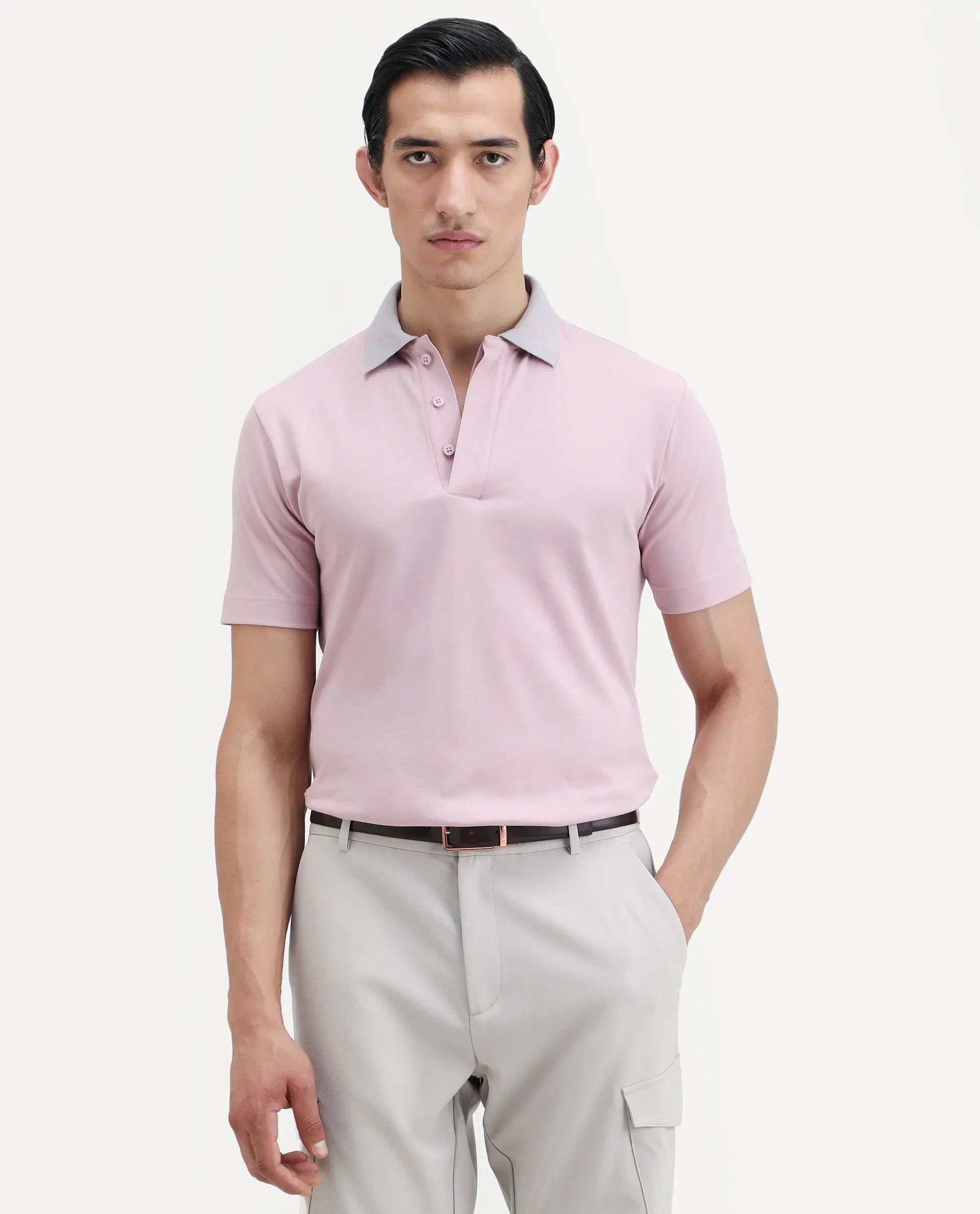 Rare Rabbit Men's Frow-S26 Dusky Pink Cotton Fabric Half Sleeve Spread Collar Regular Fit Plain Polo - Image 4