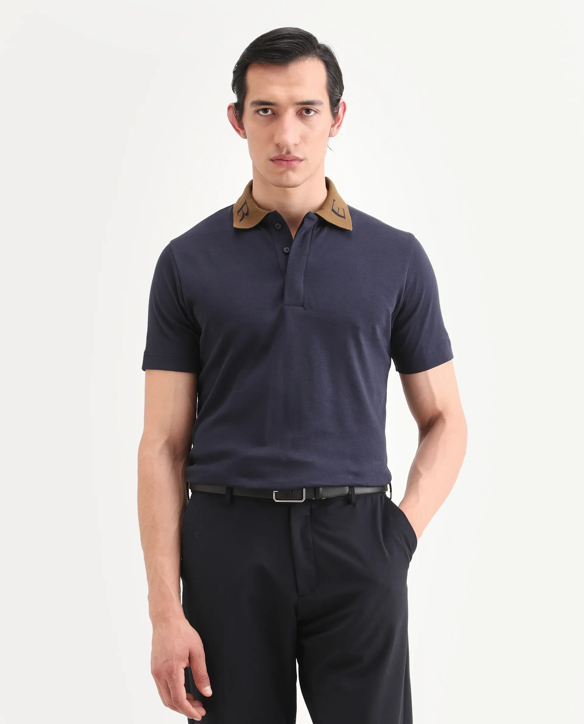 Rare Rabbit Men's Frow-S26 Navy Cotton Fabric Half Sleeve Spread Collar Regular Fit Plain Polo - Image 3