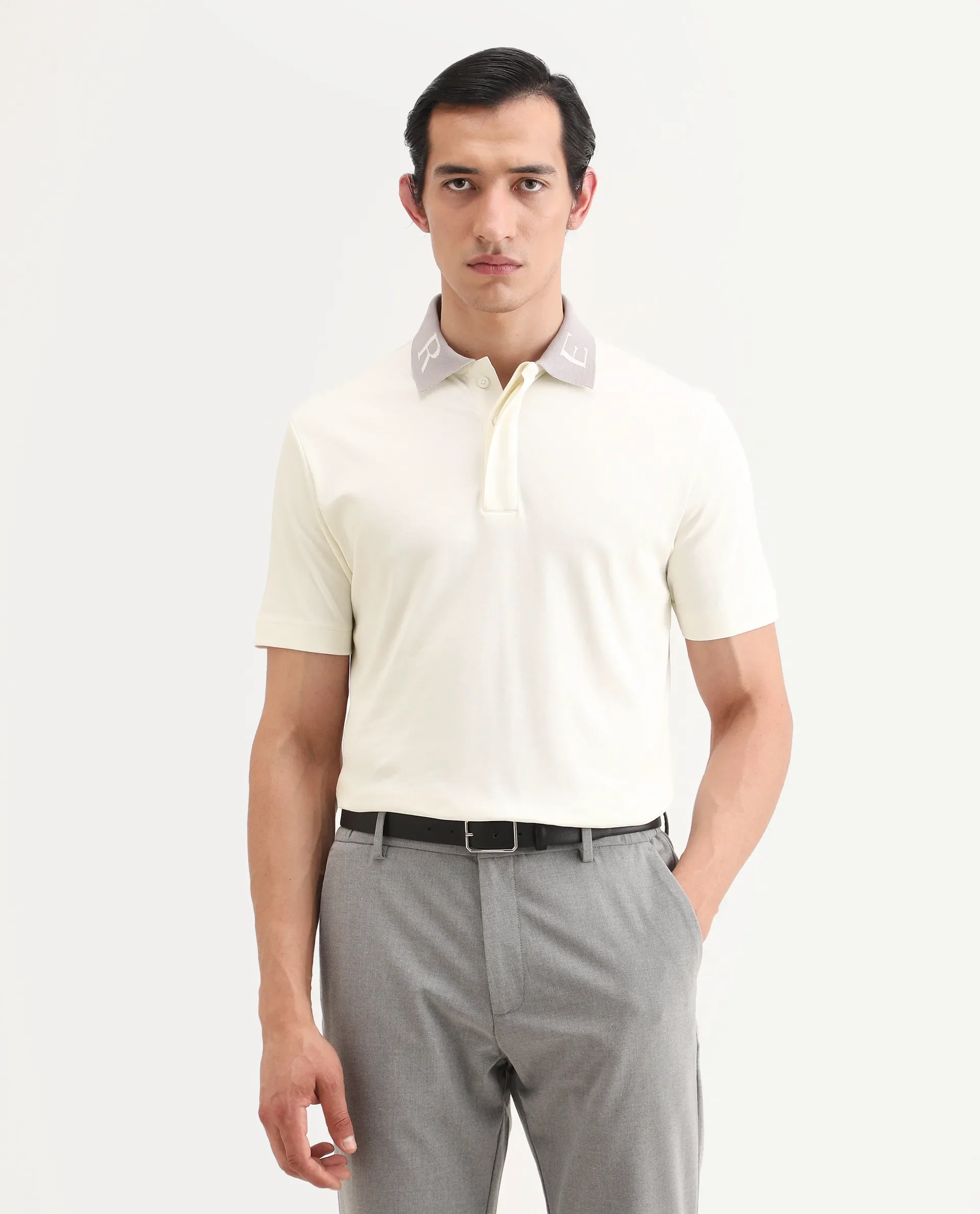 Rare Rabbit Men's Frow-S26 Off White Cotton Fabric Half Sleeve Spread Collar Regular Fit Plain Polo - Image 4