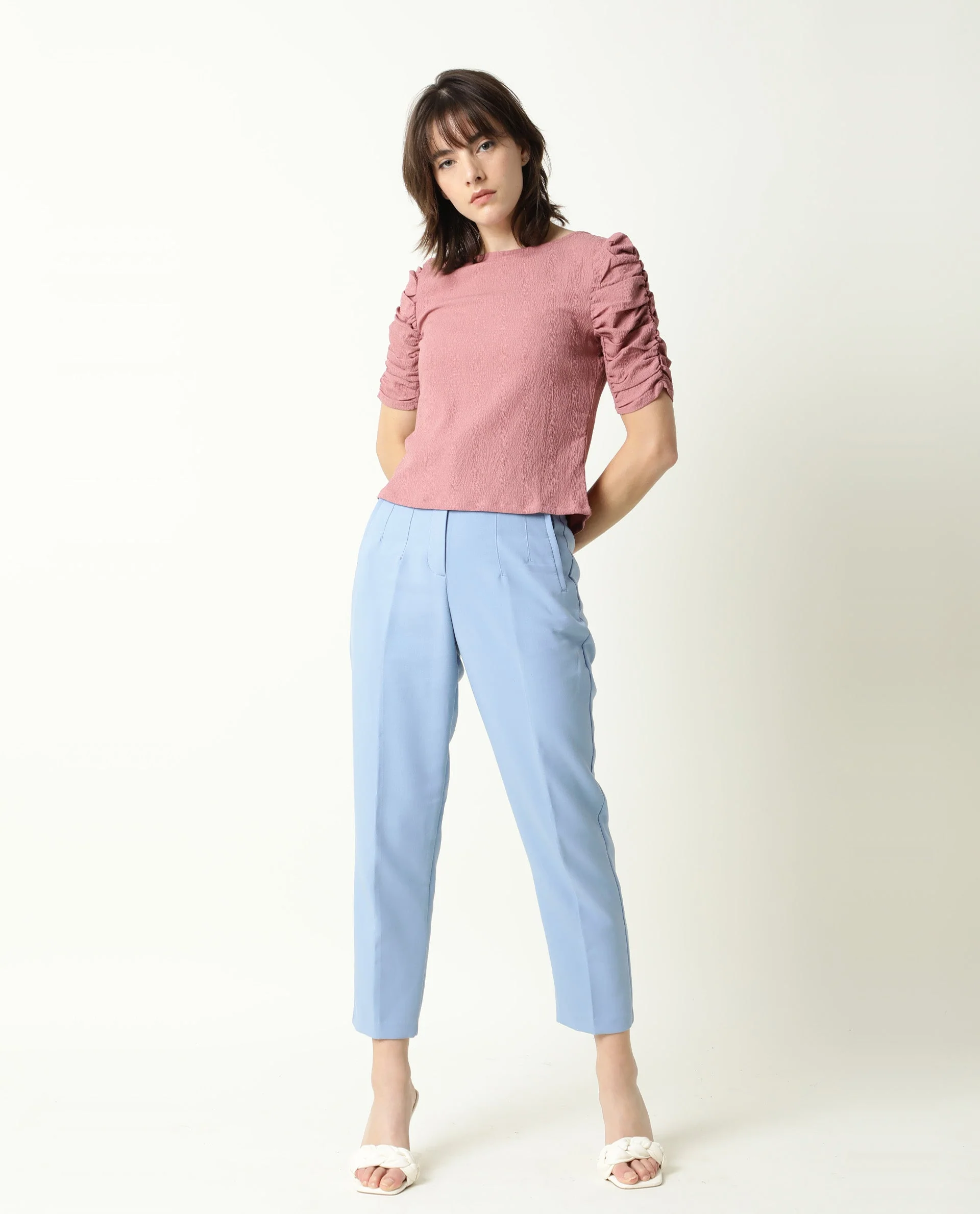 Rareism Women's Frozen Brown Cotton Boat Neck Plain Ruffled Sleeve Regular Fit Top - Image 2