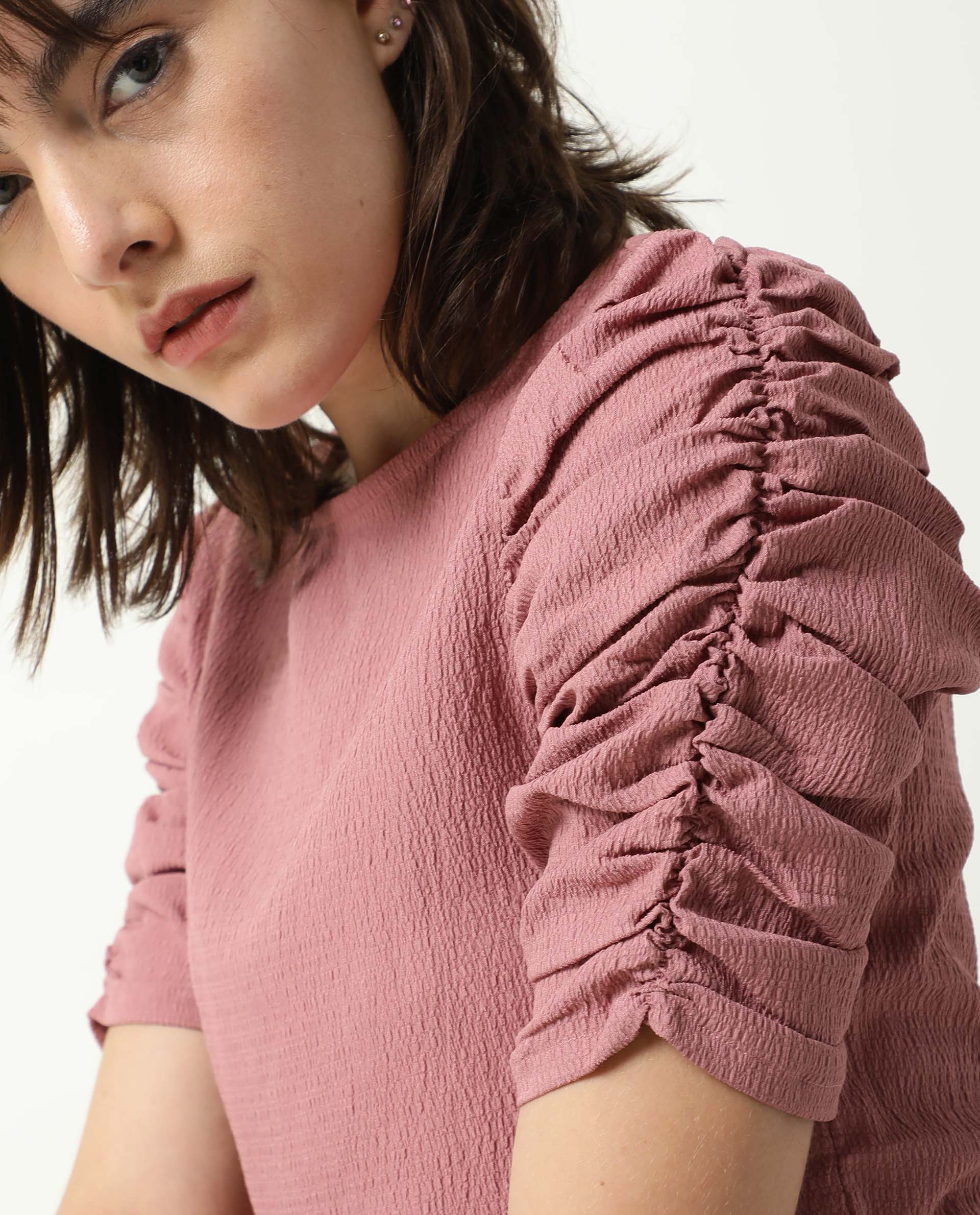 Rareism Women's Frozen Brown Cotton Boat Neck Plain Ruffled Sleeve Regular Fit Top - Image 3