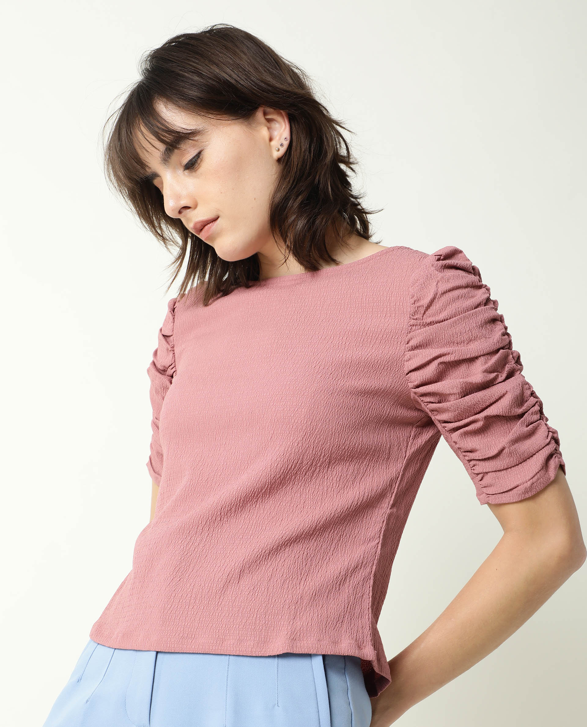 Rareism Women's Frozen Brown Cotton Boat Neck Plain Ruffled Sleeve Regular Fit Top - Image 4