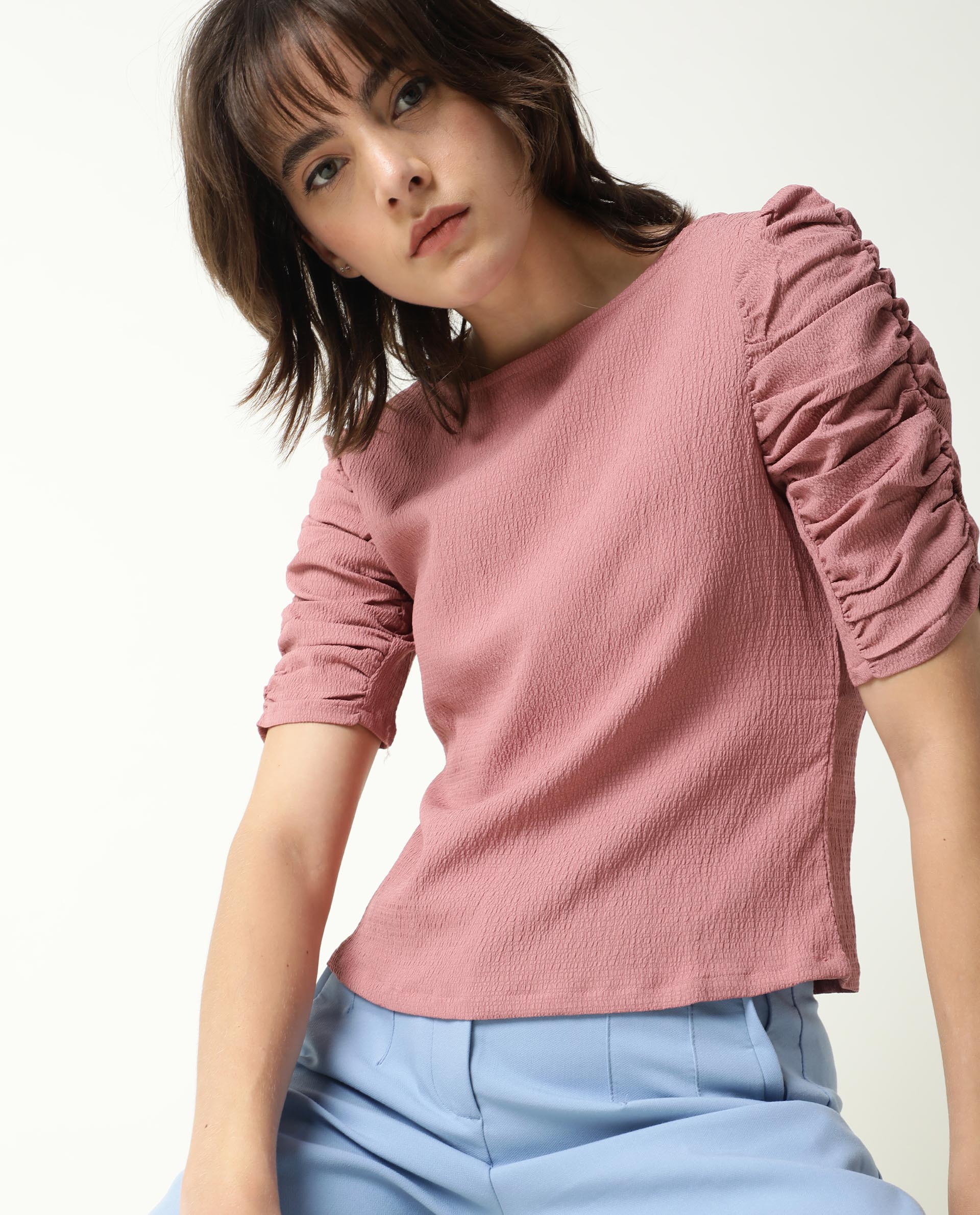 Rareism Women's Frozen Brown Cotton Boat Neck Plain Ruffled Sleeve Regular Fit Top - Image 7