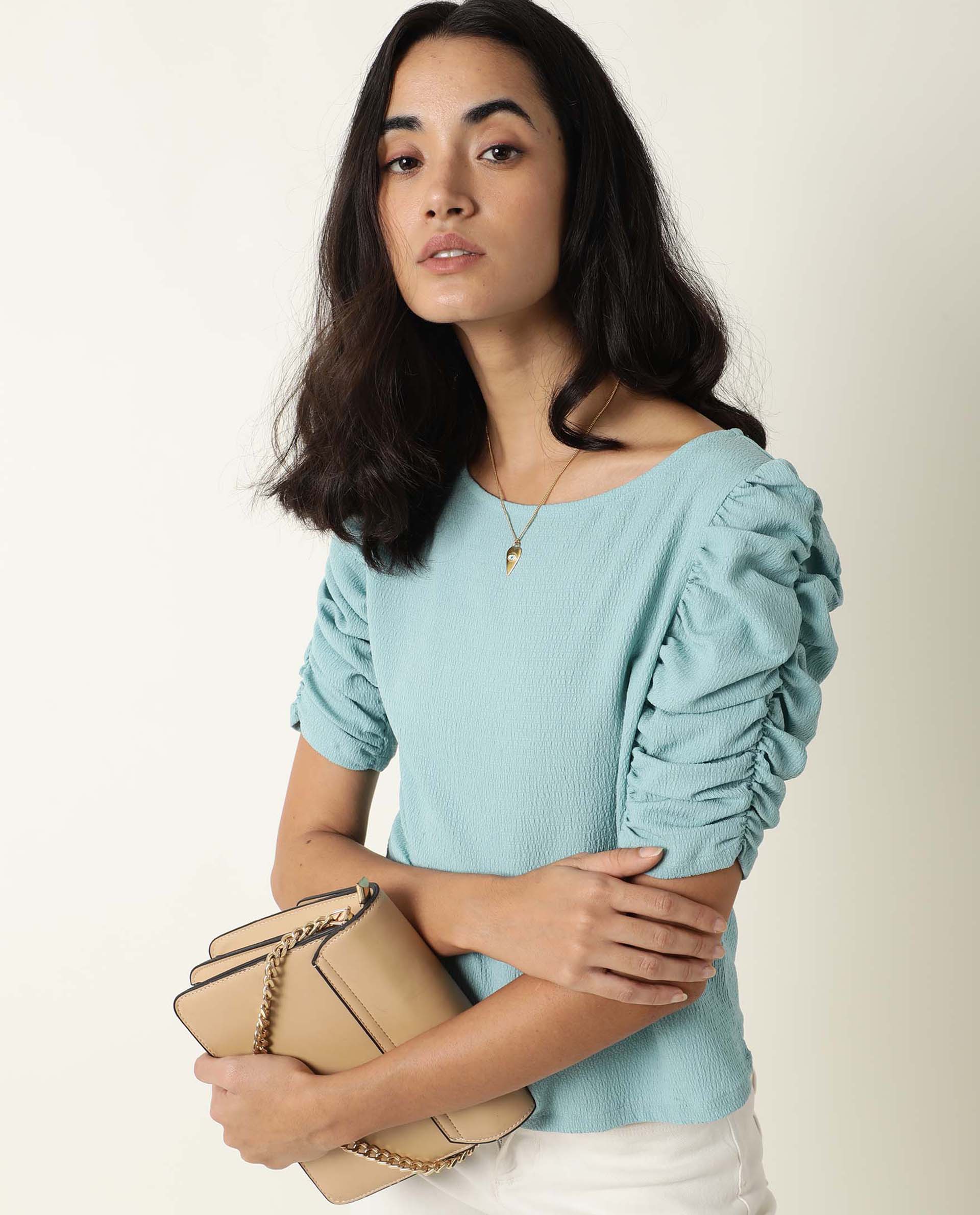 Rareism Women's Frozen Green Cotton Boat Neck Plain Ruffled Sleeve Regular Fit Top